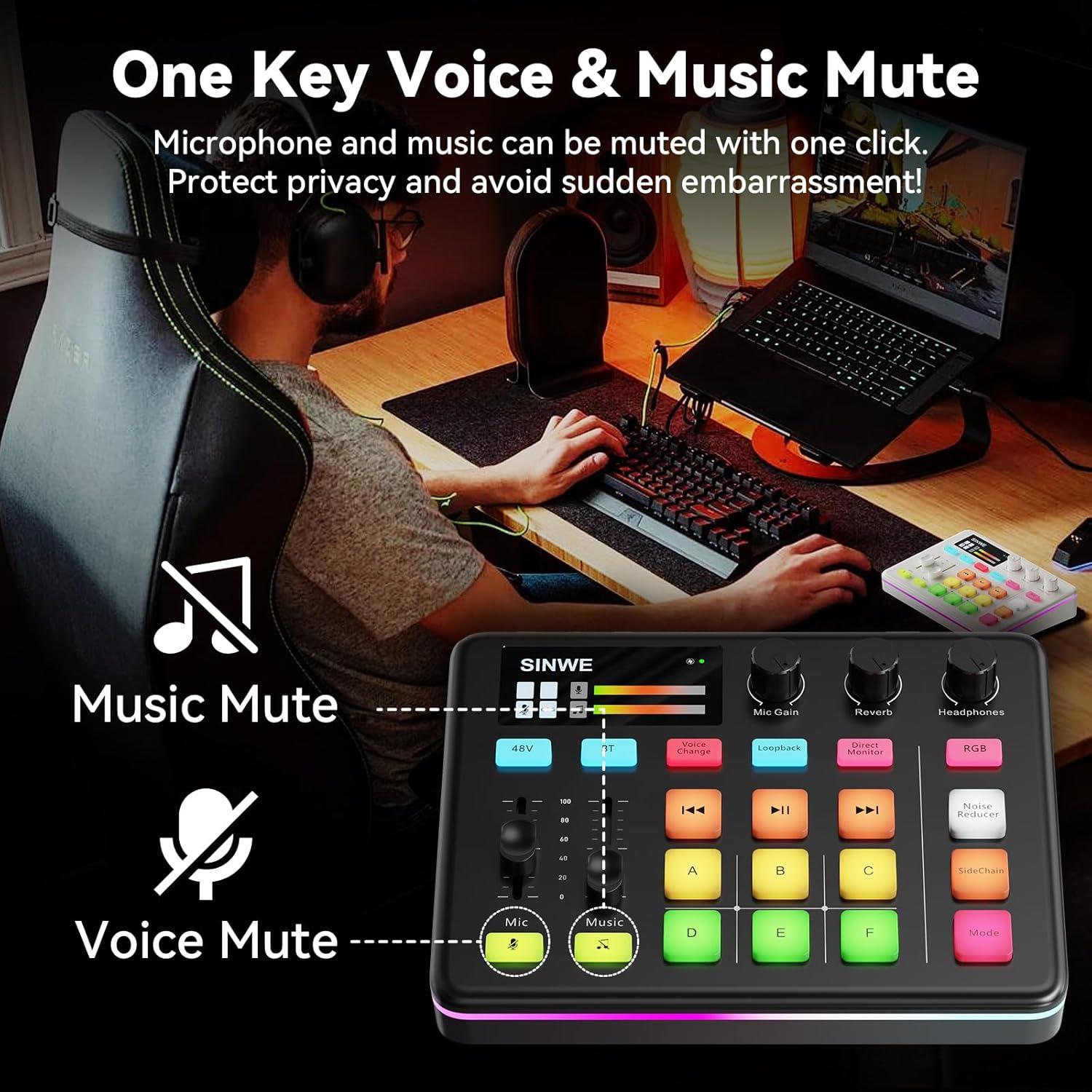 Mezclador de Audio Gaming SINWE G1 con RGB y Preamp 48V