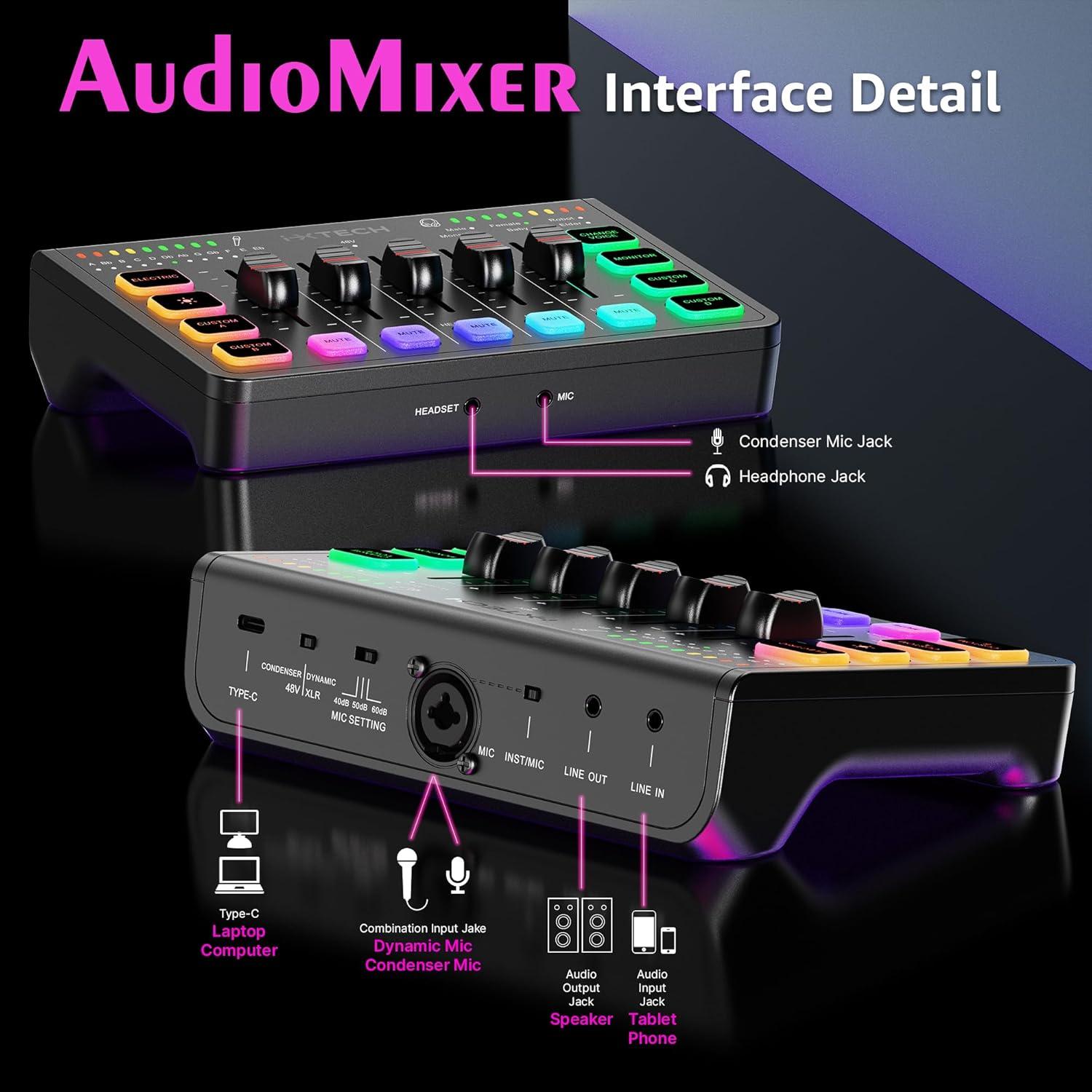 Mezclador de Audio Gaming IXTECH 4 Canales RGB USB C