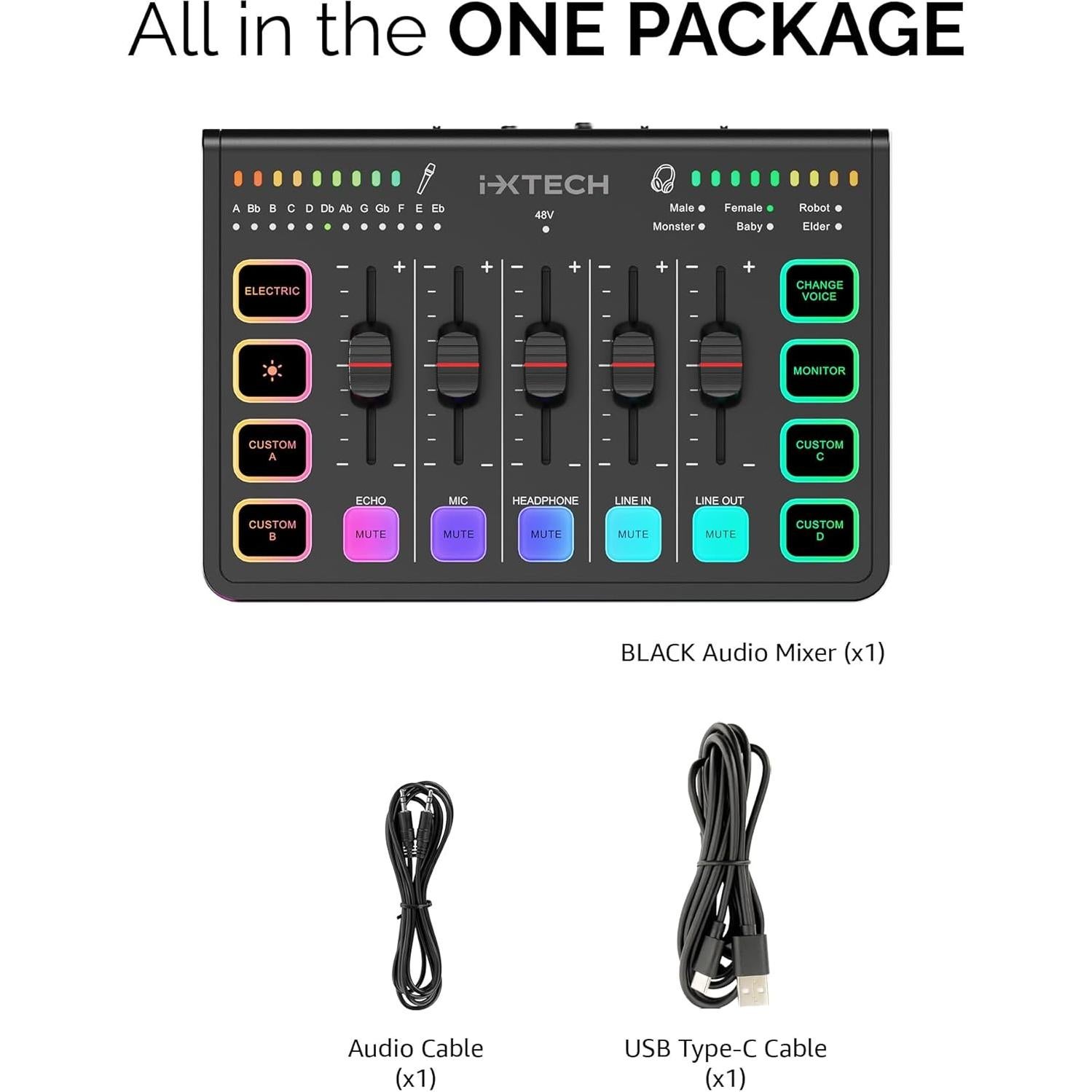 Mezclador de Audio Gaming IXTECH 4 Canales RGB USB C