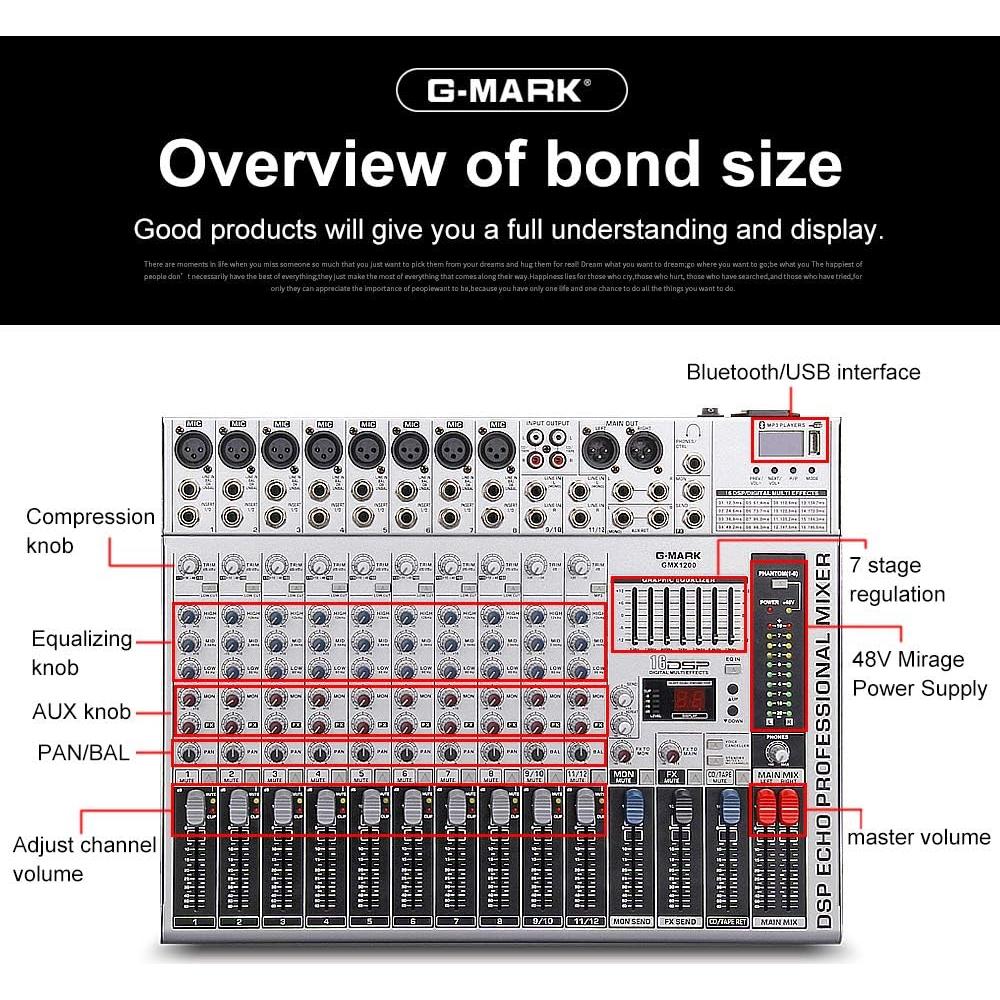 Mezclador de Audio Profesional G-MARK GMX1200 12 Canales USB