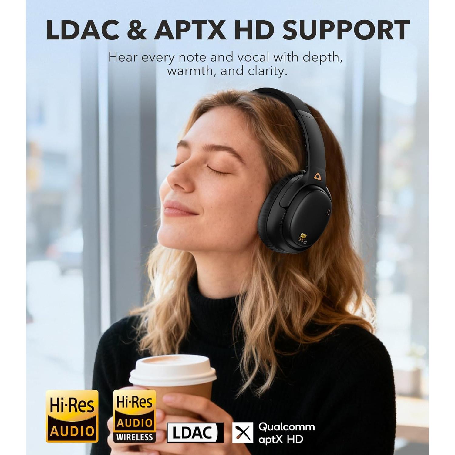 1Mii E700 Wireless Bluetooth Over Ear Headphones with Active Noise Canceling, Hi-Res Audio LDAC/aptX Low Latency for Airplane Travel Overhead Comfort, 54H Playtime, Custom EQ via App - Black