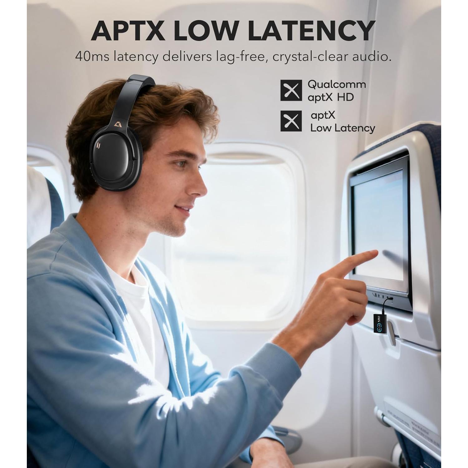 1Mii E700 Wireless Bluetooth Over Ear Headphones with Active Noise Canceling, Hi-Res Audio LDAC/aptX Low Latency for Airplane Travel Overhead Comfort, 54H Playtime, Custom EQ via App - Black