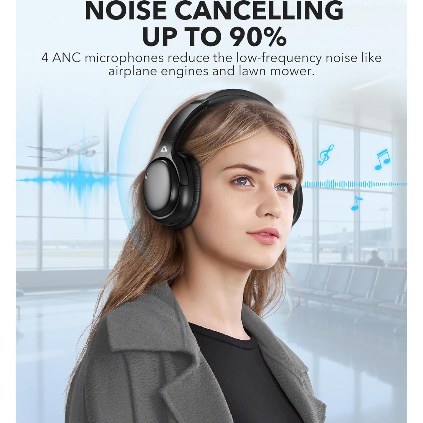 1Mii E700 Wireless Bluetooth Over Ear Headphones with Active Noise Canceling, Hi-Res Audio LDAC/aptX Low Latency for Airplane Travel Overhead Comfort, 54H Playtime, Custom EQ via App - Black