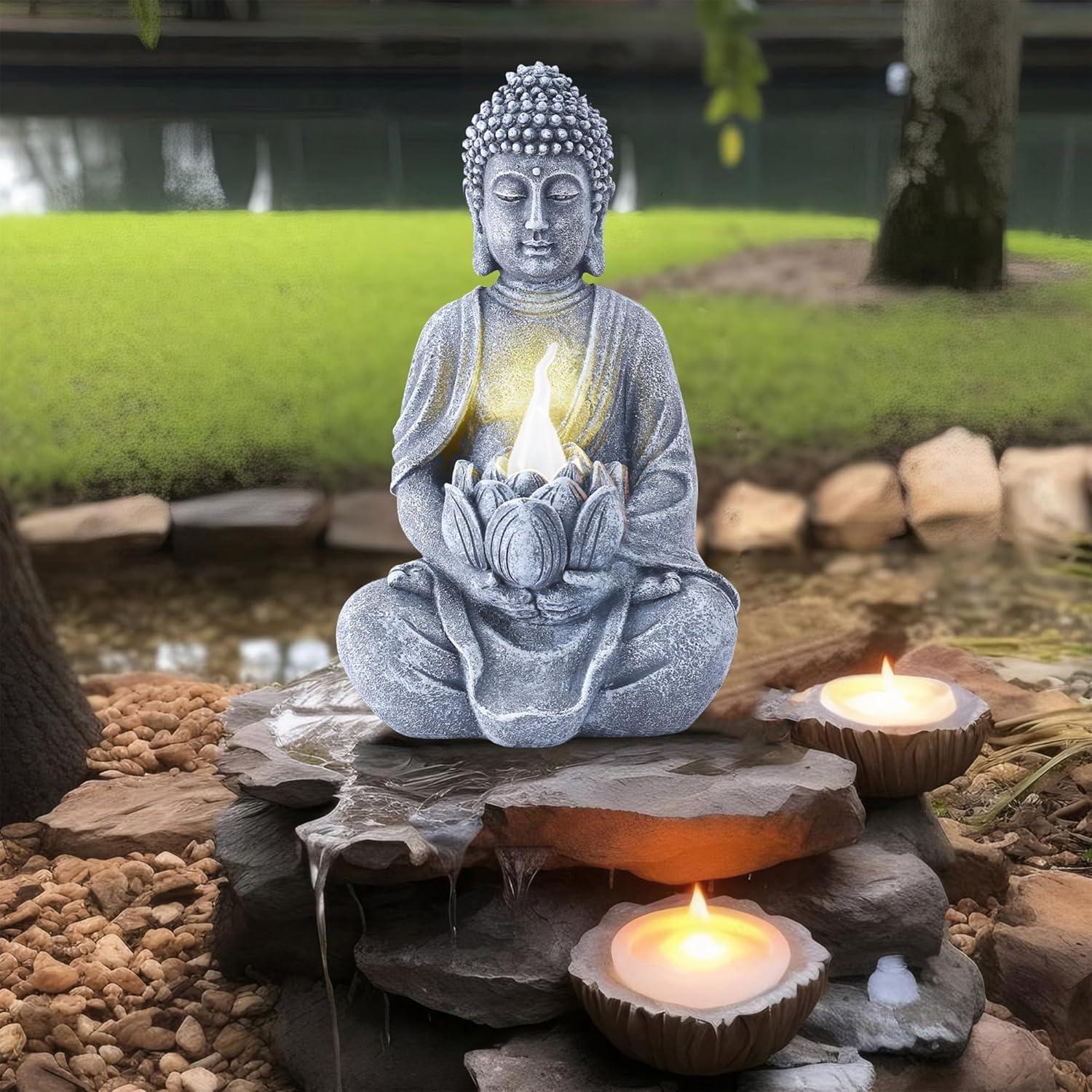 Estatua de Buda Goodeco con Loto Solar 20.6 cm Resina Gris