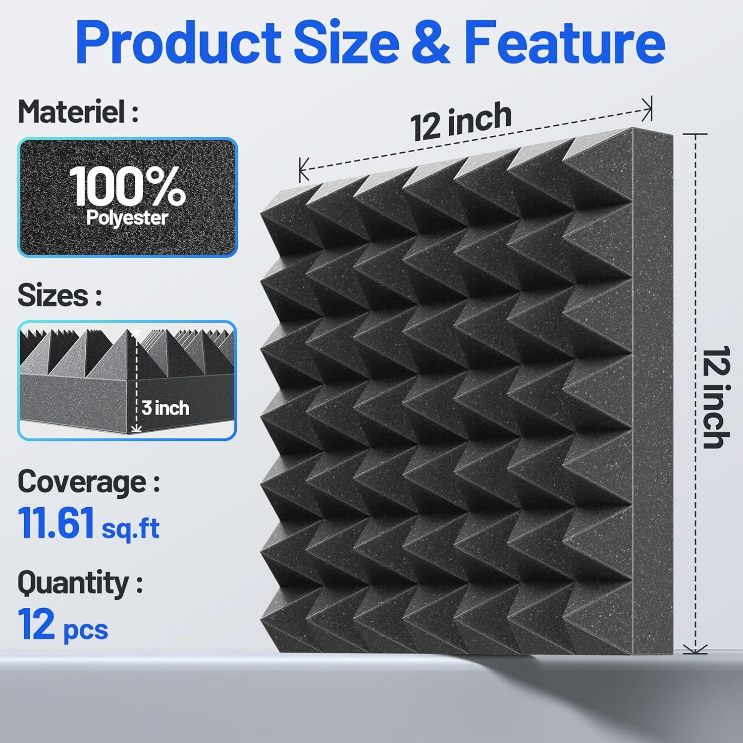 Paquete de 12 Paneles Acústicos Piramidales 7.62cm Negro