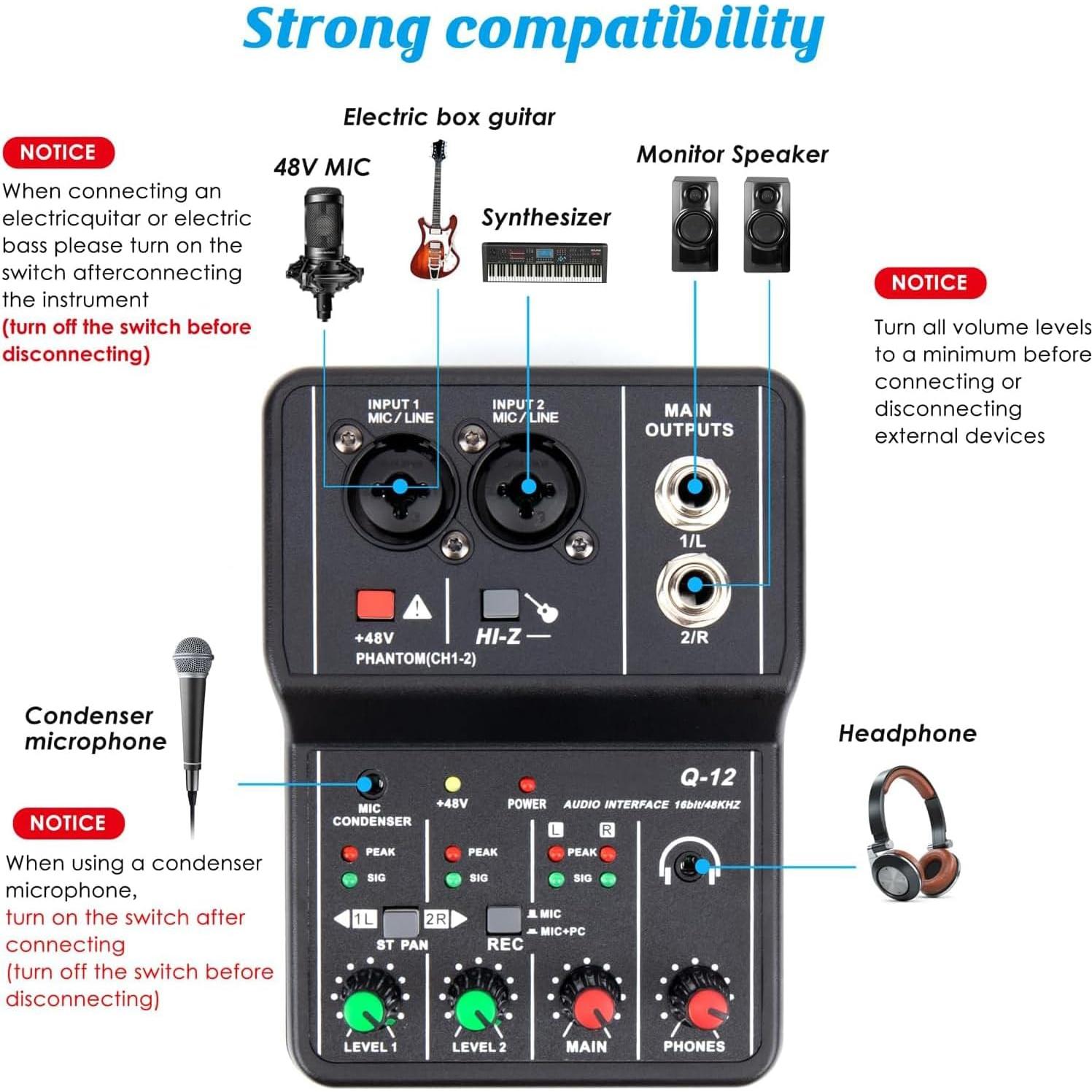 Interfaz de Audio USB TEYUN Q-12 con Alimentación Phantom 48V