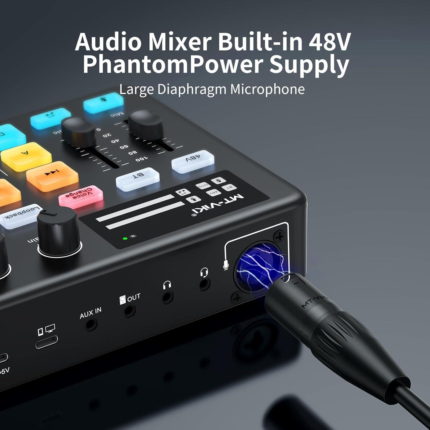 Mezclador de Audio MT-VIKI con Efecto RGB y Micrófono XLR