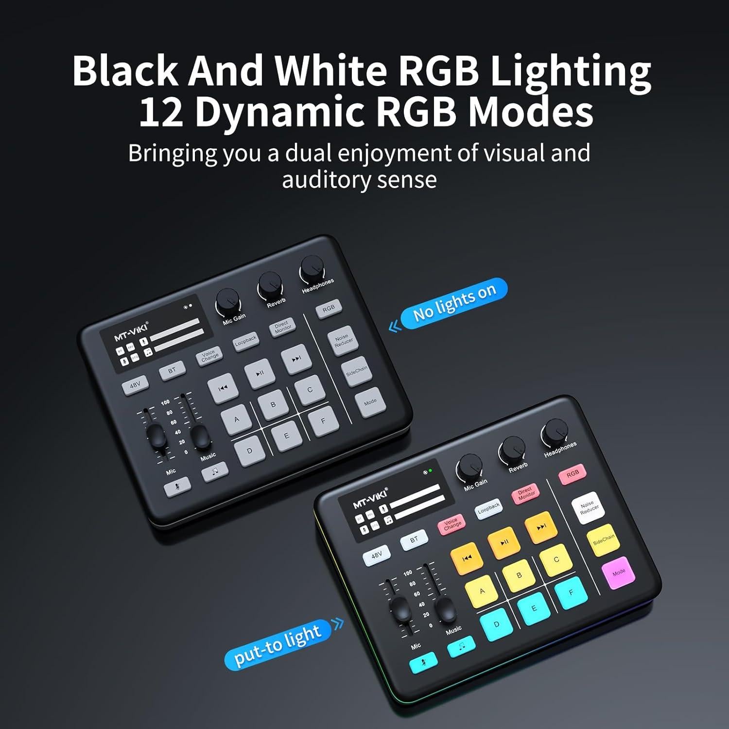 Mezclador de Audio MT-VIKI con Efecto RGB y Micrófono XLR