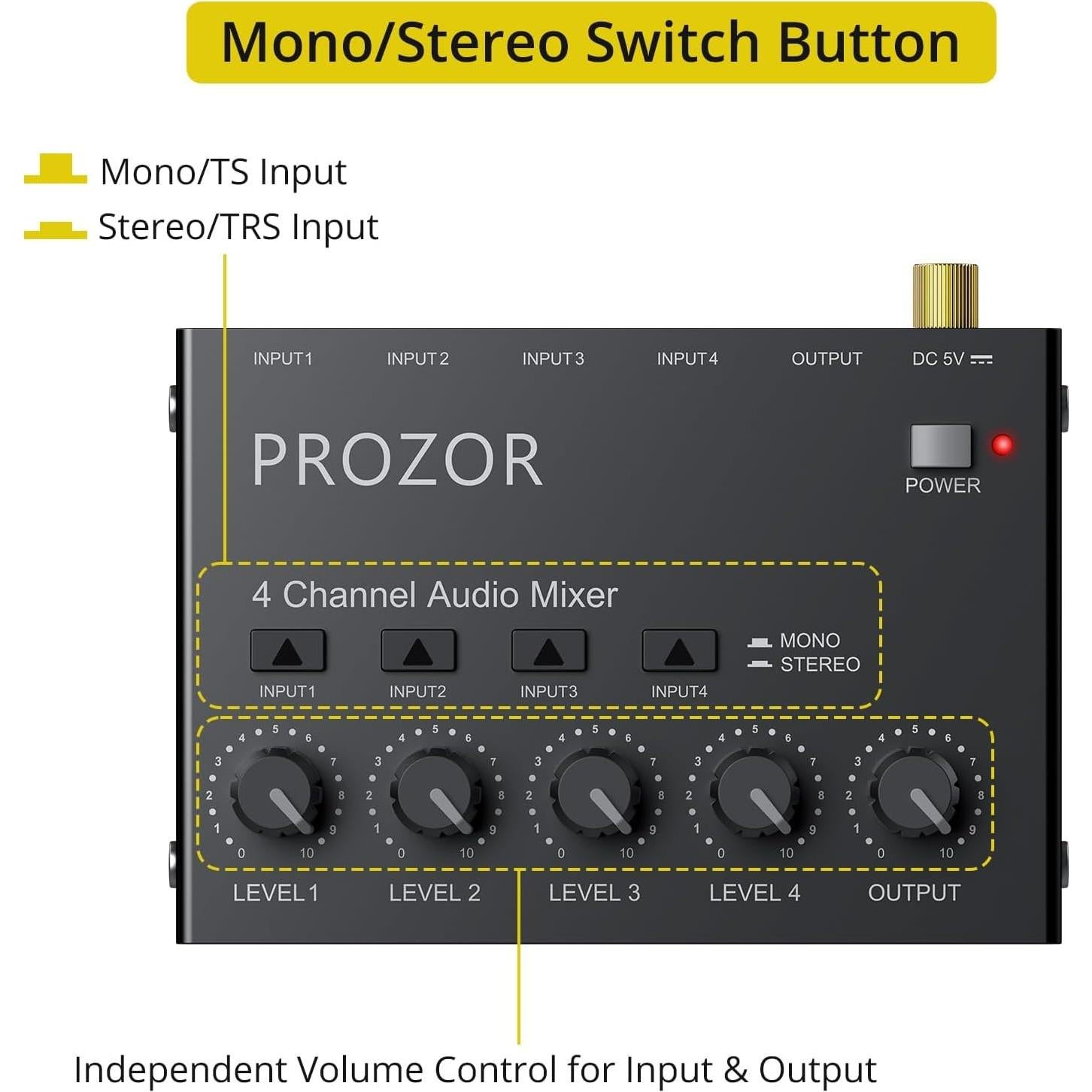 Mezclador de Audio PROZOR 4 Canales USB-C Compacto Bajo Ruido
