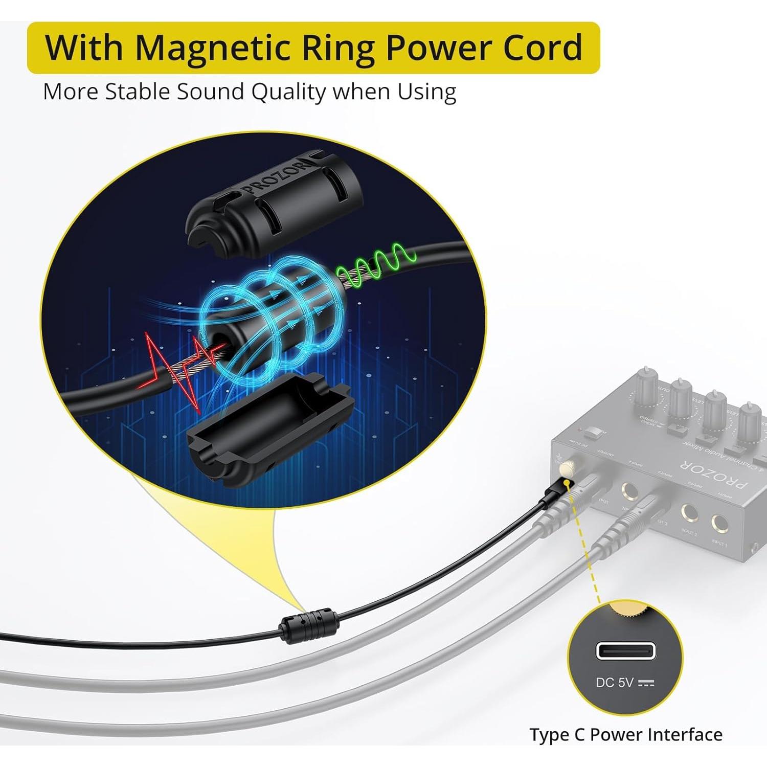 Mezclador de Audio PROZOR 4 Canales USB-C Compacto Bajo Ruido