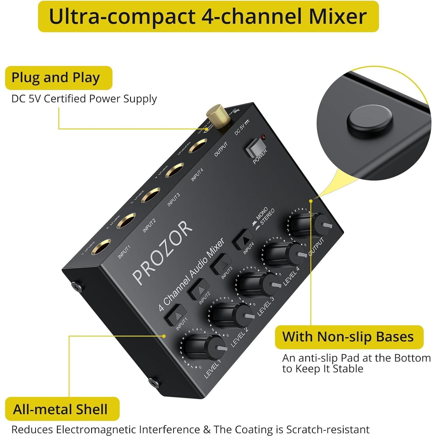 Mezclador de Audio PROZOR 4 Canales USB-C Compacto Bajo Ruido