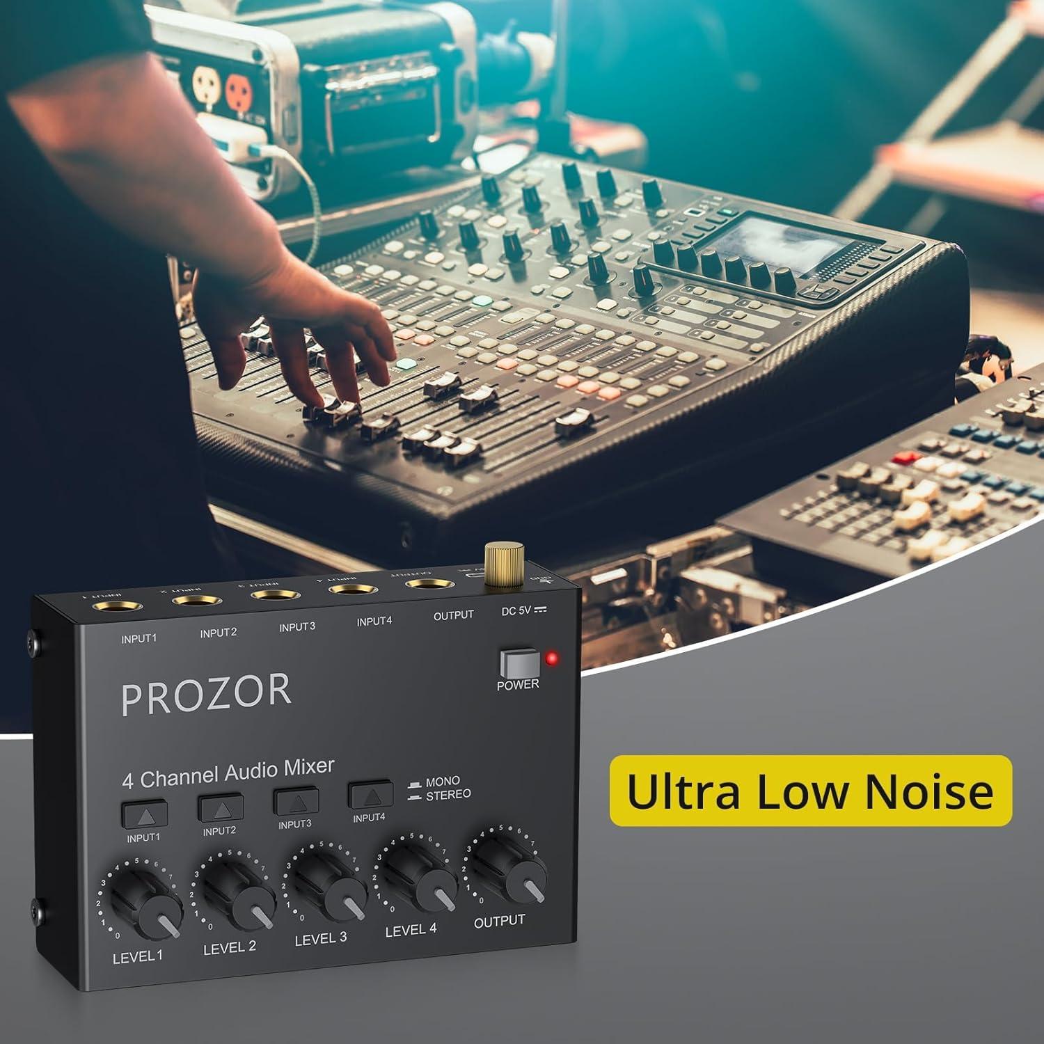 Mezclador de Audio PROZOR 4 Canales USB-C Compacto Bajo Ruido