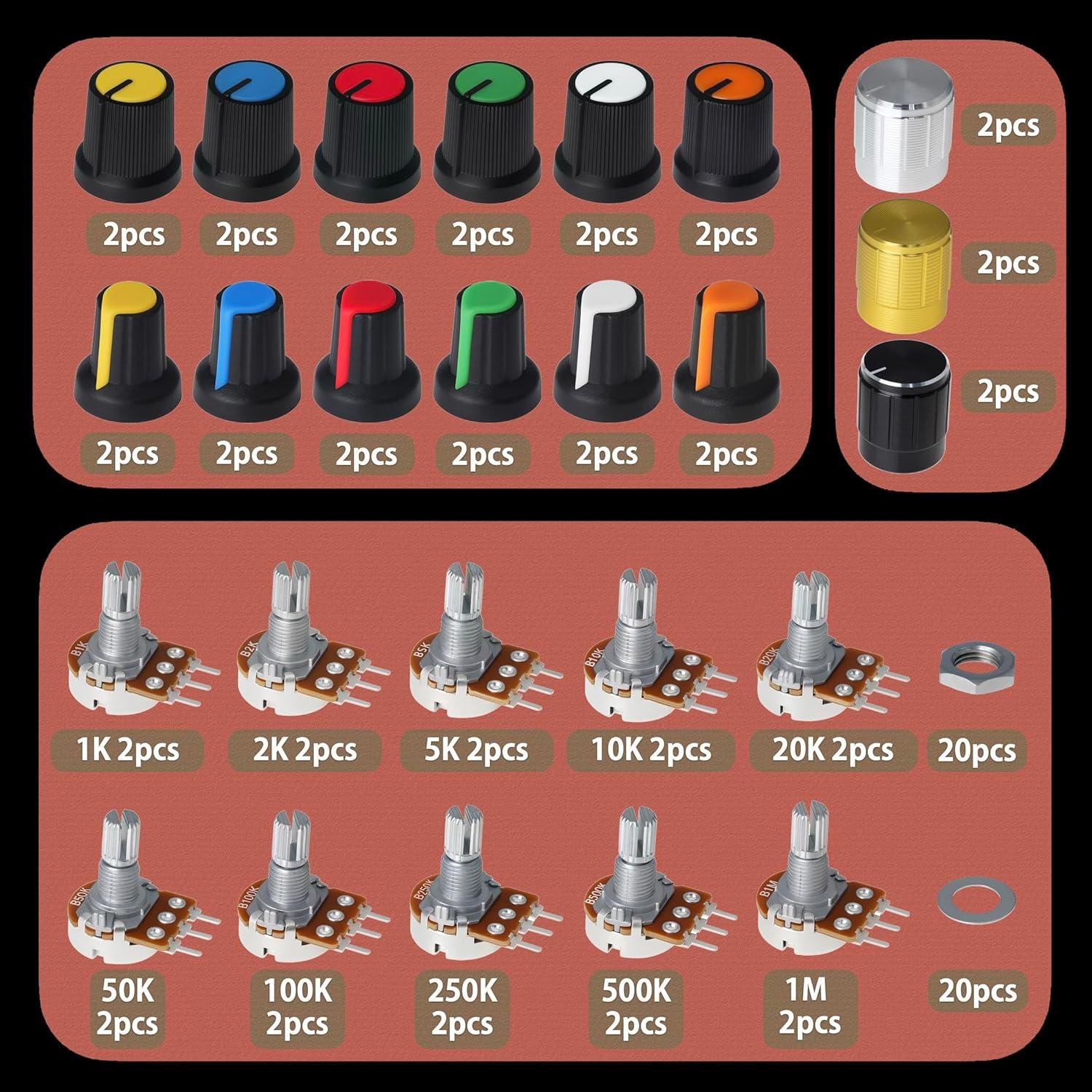 Kit de Potenciómetros 84pcs WH148 1K a 1M con Perillas