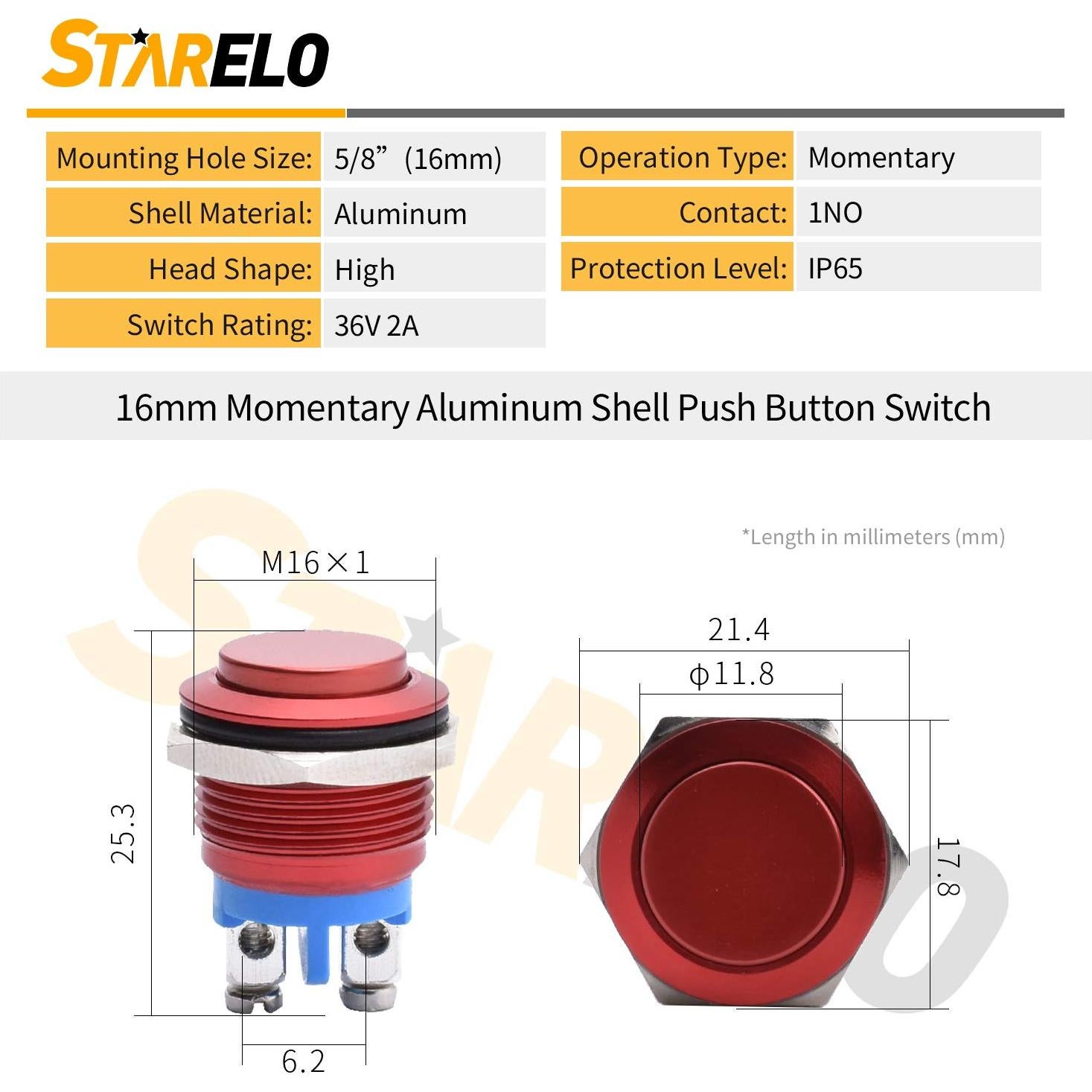 Interruptor de Botón Momentáneo STARELO 16mm Rojo 250V CA 5A