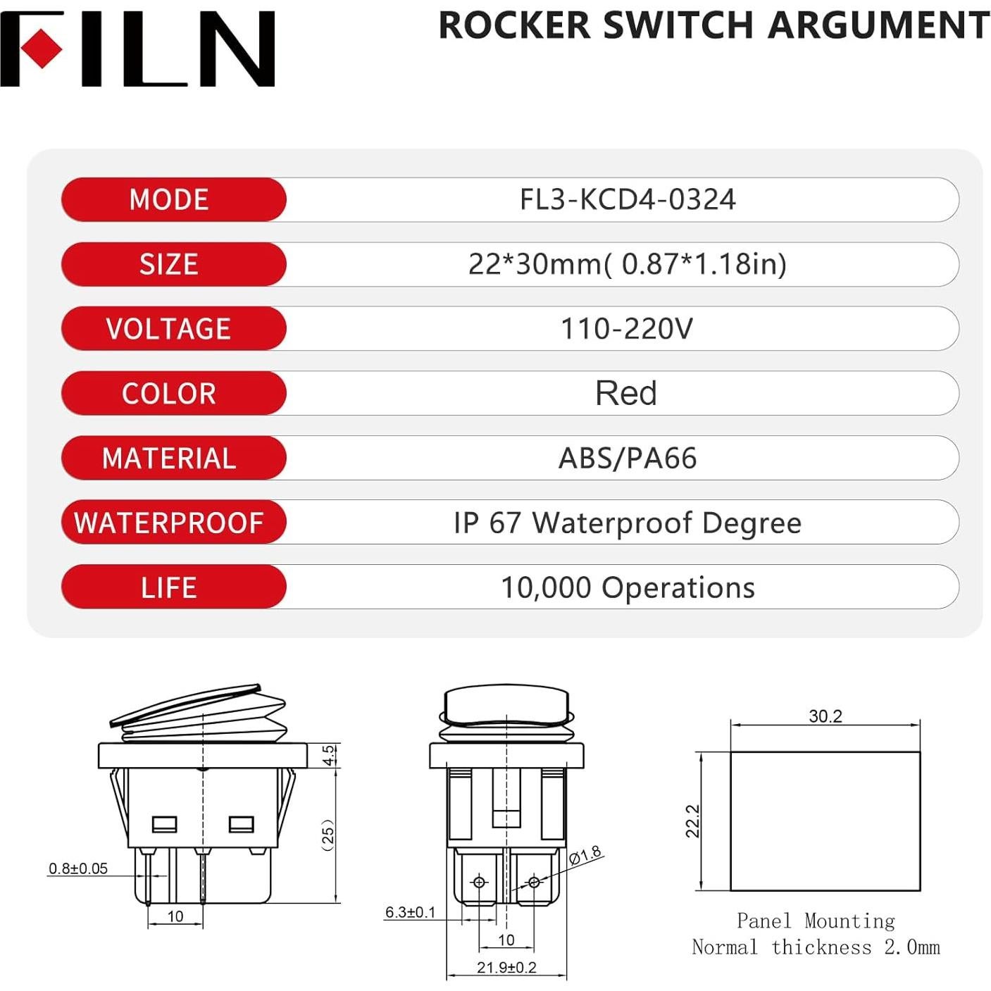 Interruptor de Palanca FILN KCD4 DPST 30A IP67 Rojo 110-220V