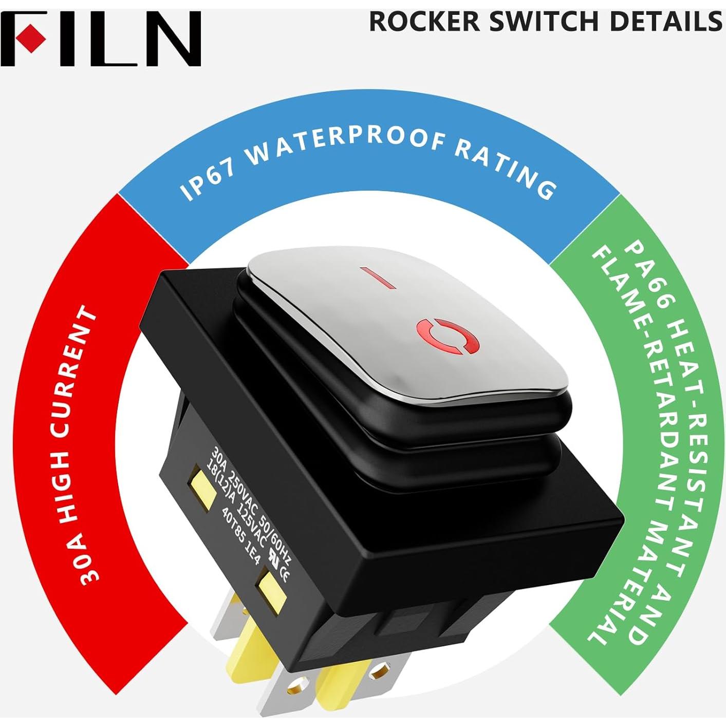 Interruptor de Palanca FILN KCD4 DPST 30A IP67 Rojo 110-220V