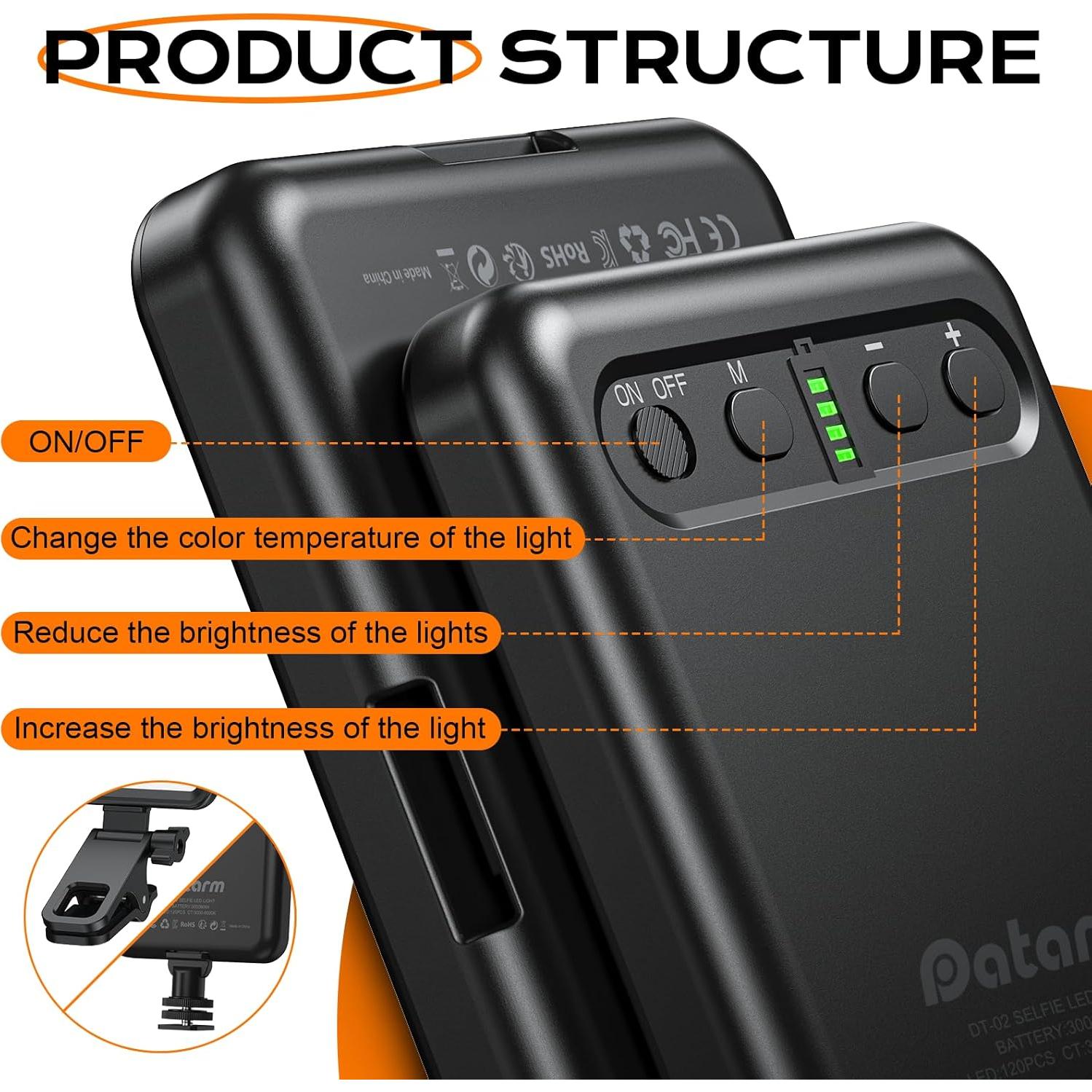 Luz de selfie LED recargable Datarm DT-02 negra 3 modos 10 niveles