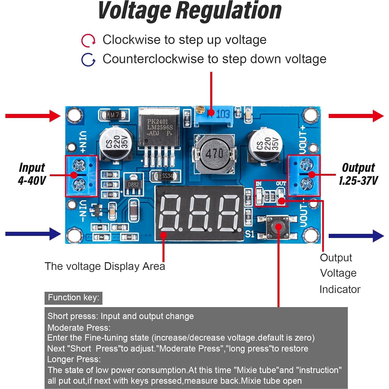 Convertidor Buck DC-DC JTAREA LM2596 Ajustable 4-40V a 1.25-37V 2A