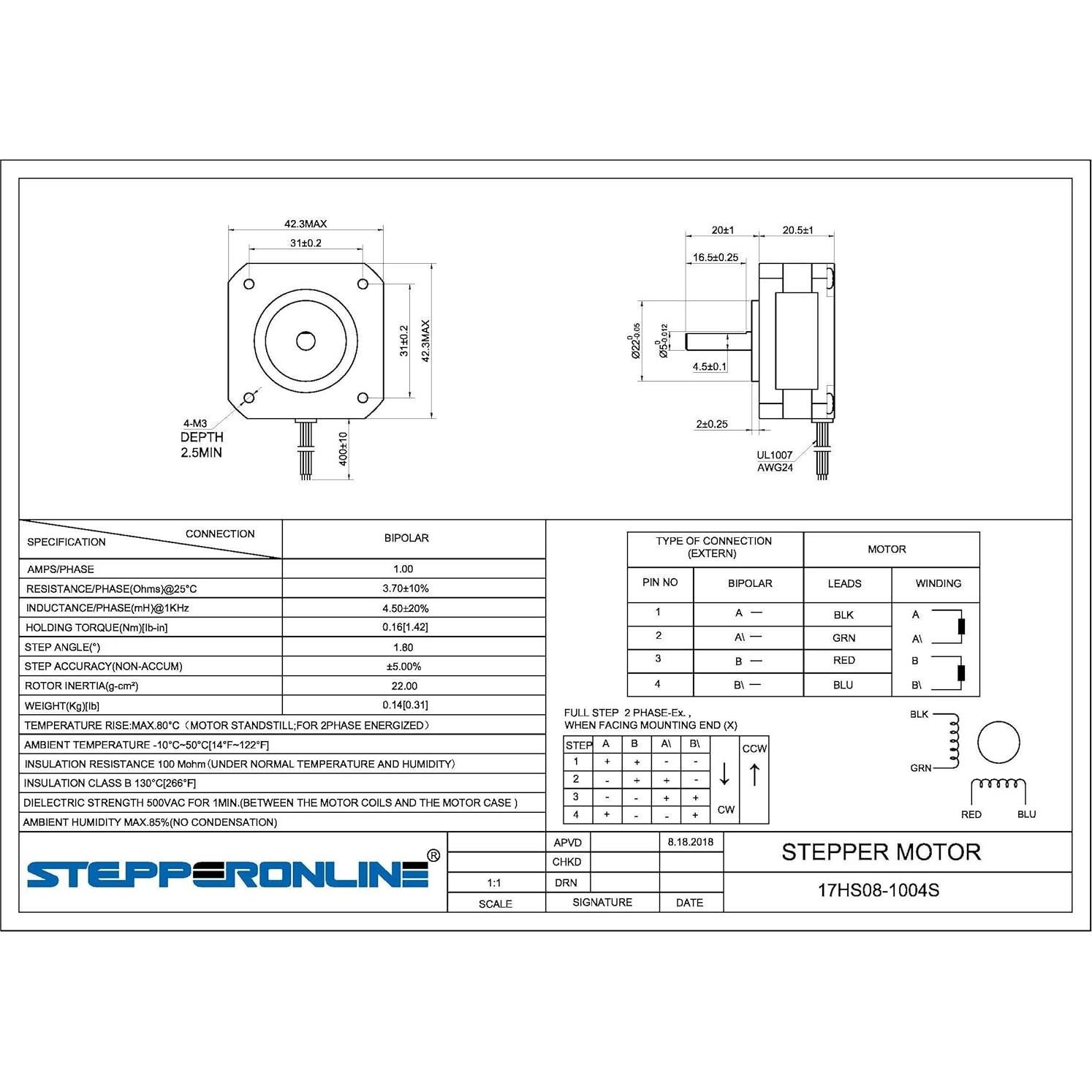 Motor Paso a Paso Bipolar NEMA 17 OSM 1A 16Ncm 4 Cables