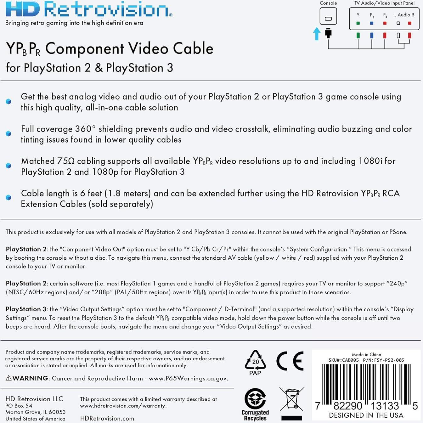 Cable de video por componentes HD Retrovision PS2/PS3 1.8m