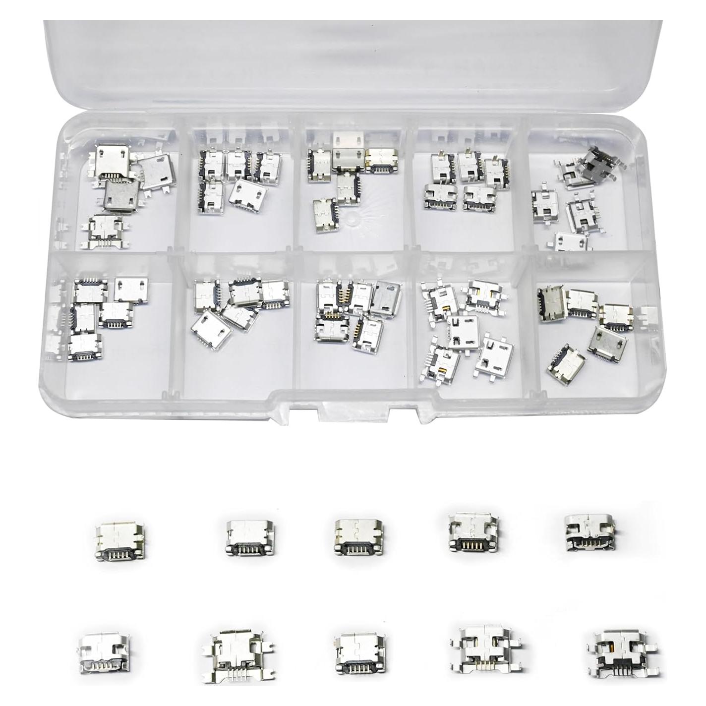 Juego de 50 Conectores Micro USB Femenino XUGERIP - 10 Tipos