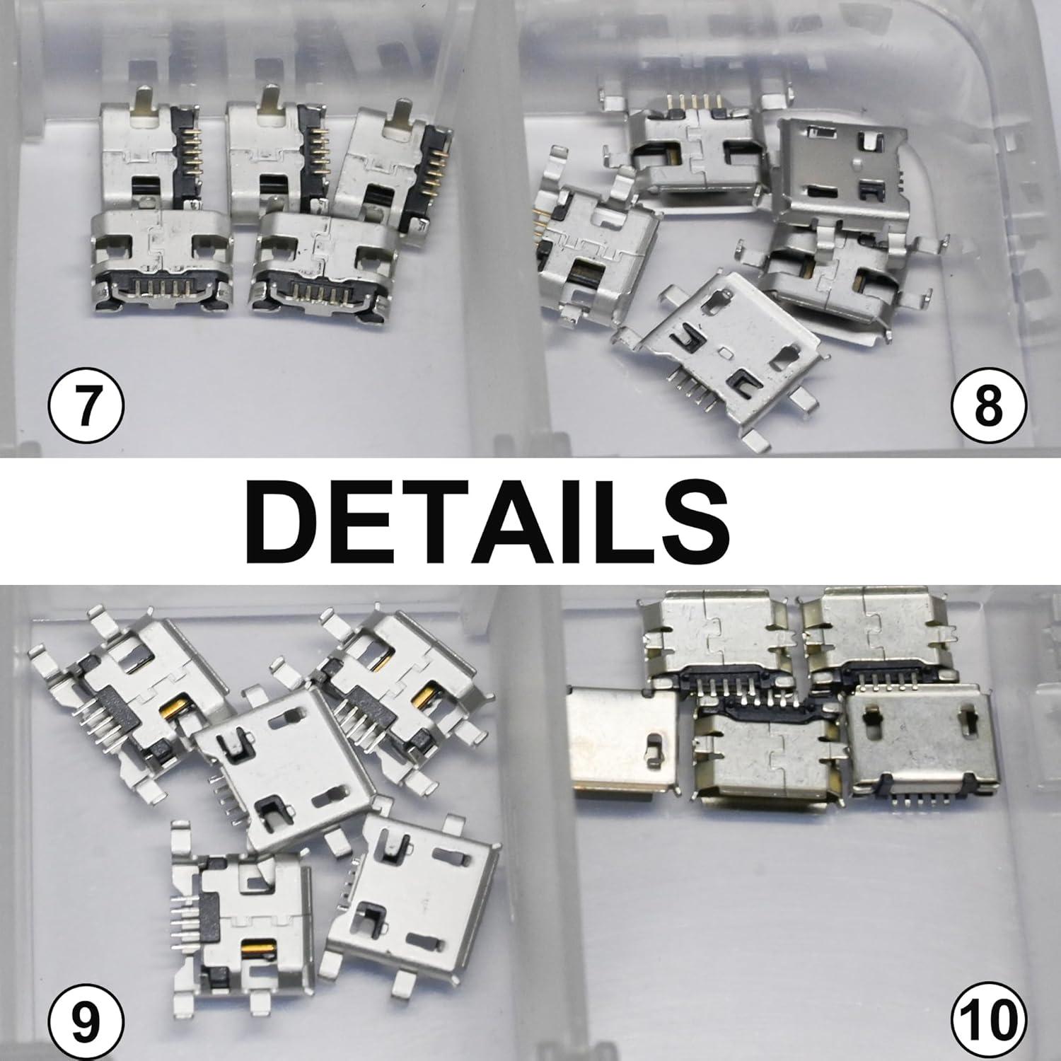 Juego de 50 Conectores Micro USB Femenino XUGERIP - 10 Tipos