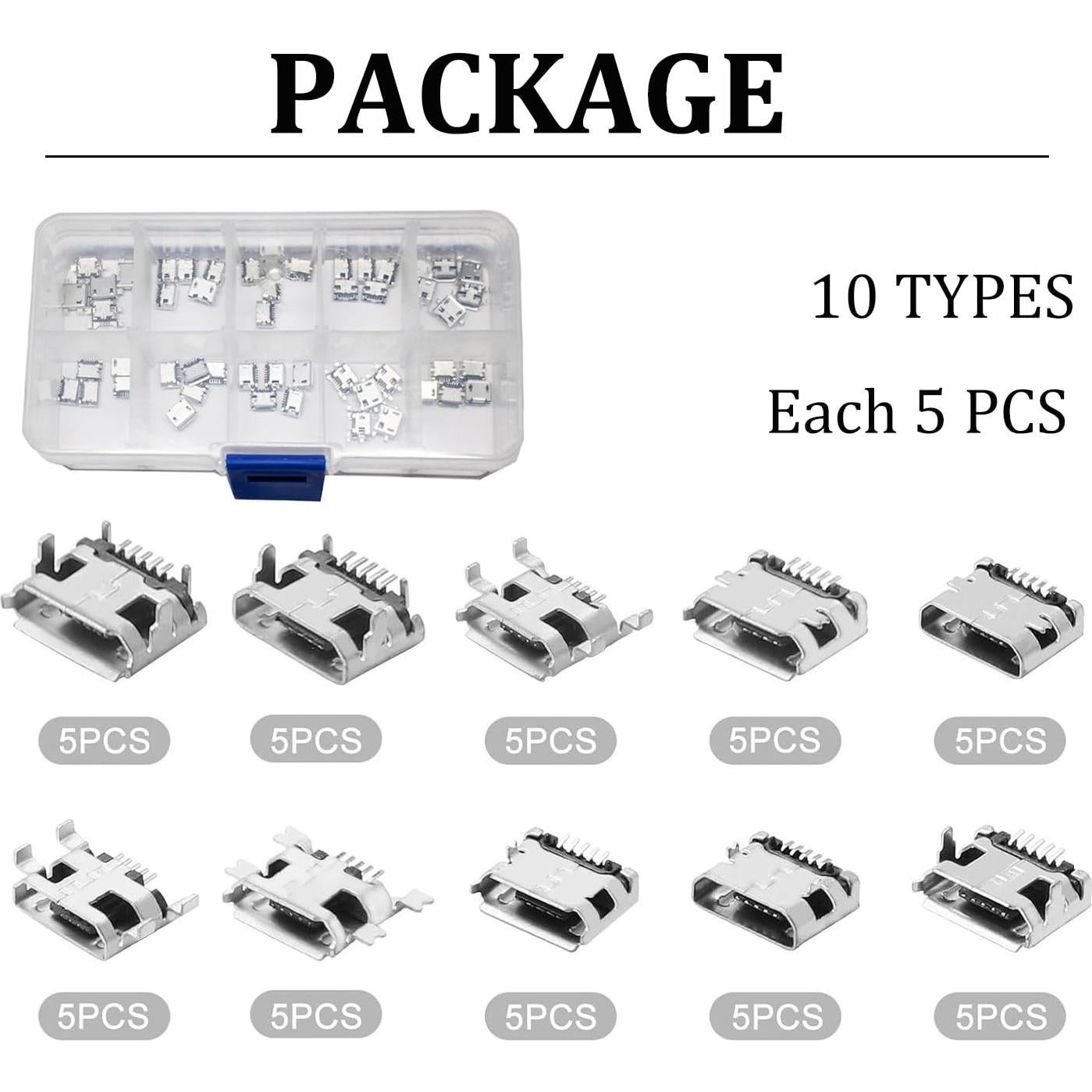 Juego de 50 Conectores Micro USB Femenino XUGERIP - 10 Tipos