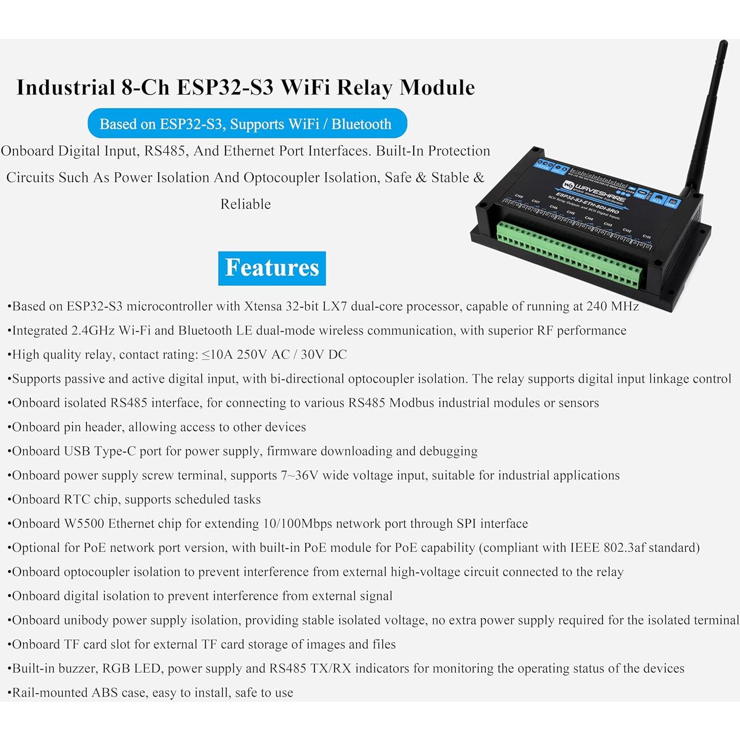 Módulo Relé WiFi UeeKKoo ESP32-S3 8 Canales 240MHz