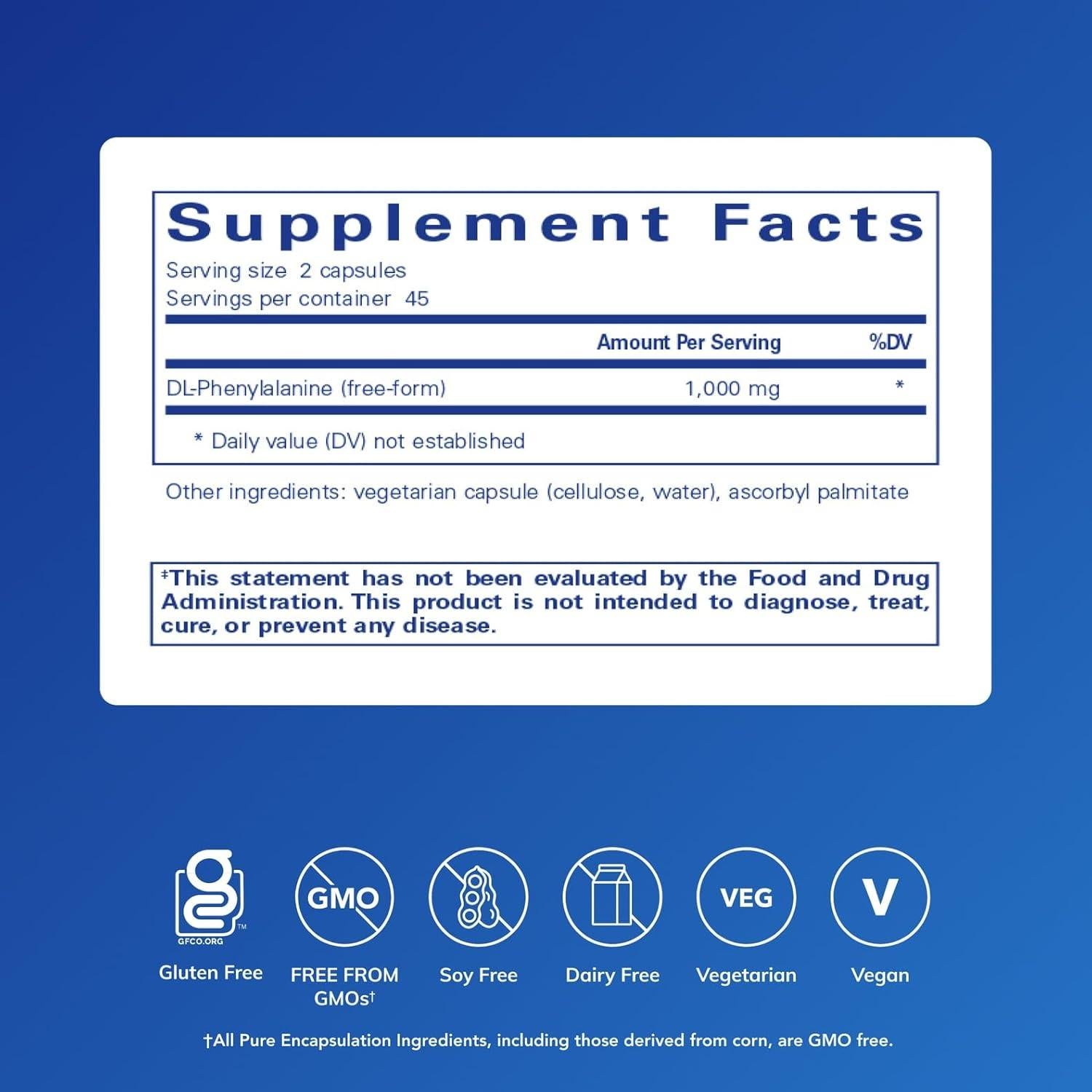 Suplemento DL-Fenilalanina Pure Encapsulations 90 Cápsulas