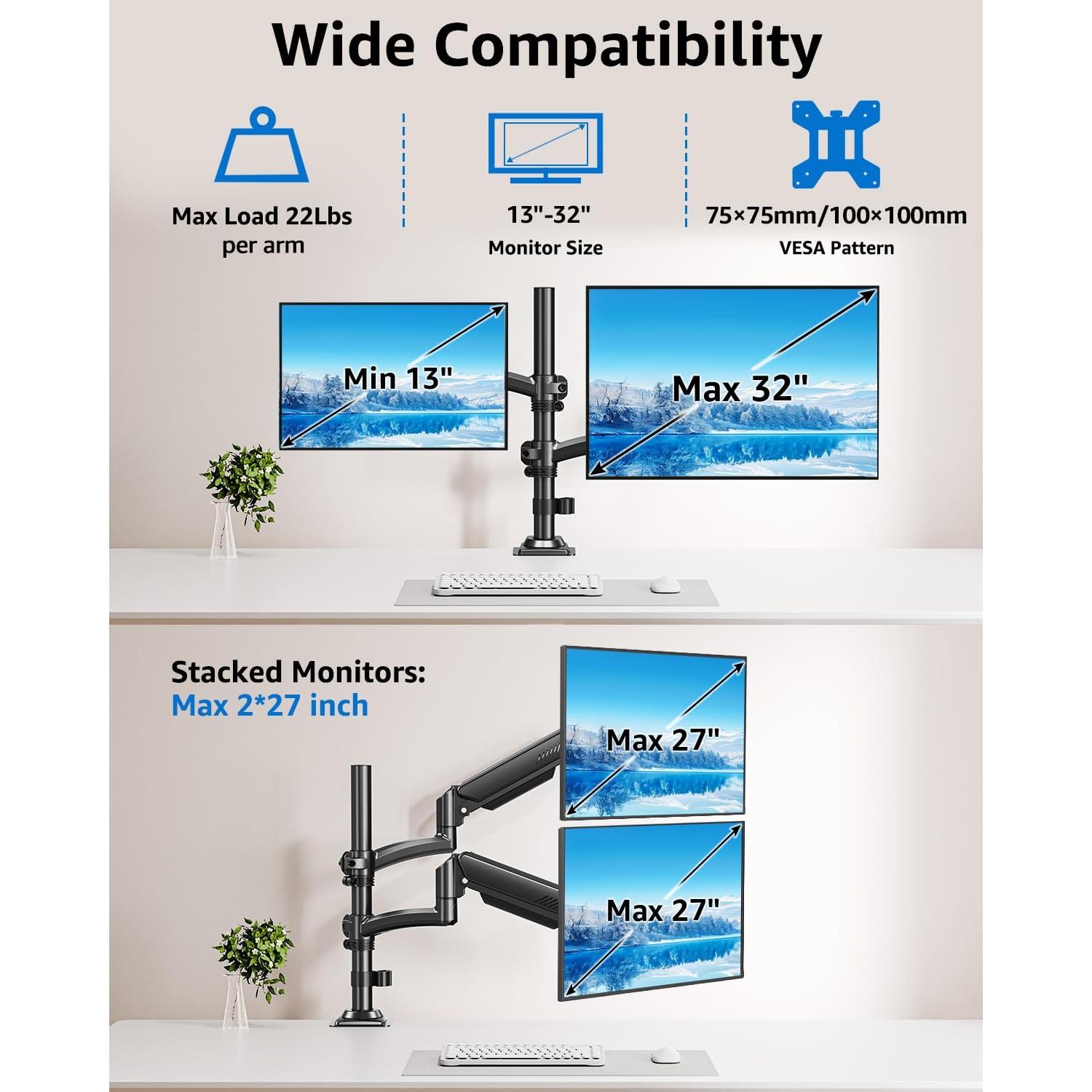 Soporte Doble para Monitor MOUNTUP Ajustable 32" Negro