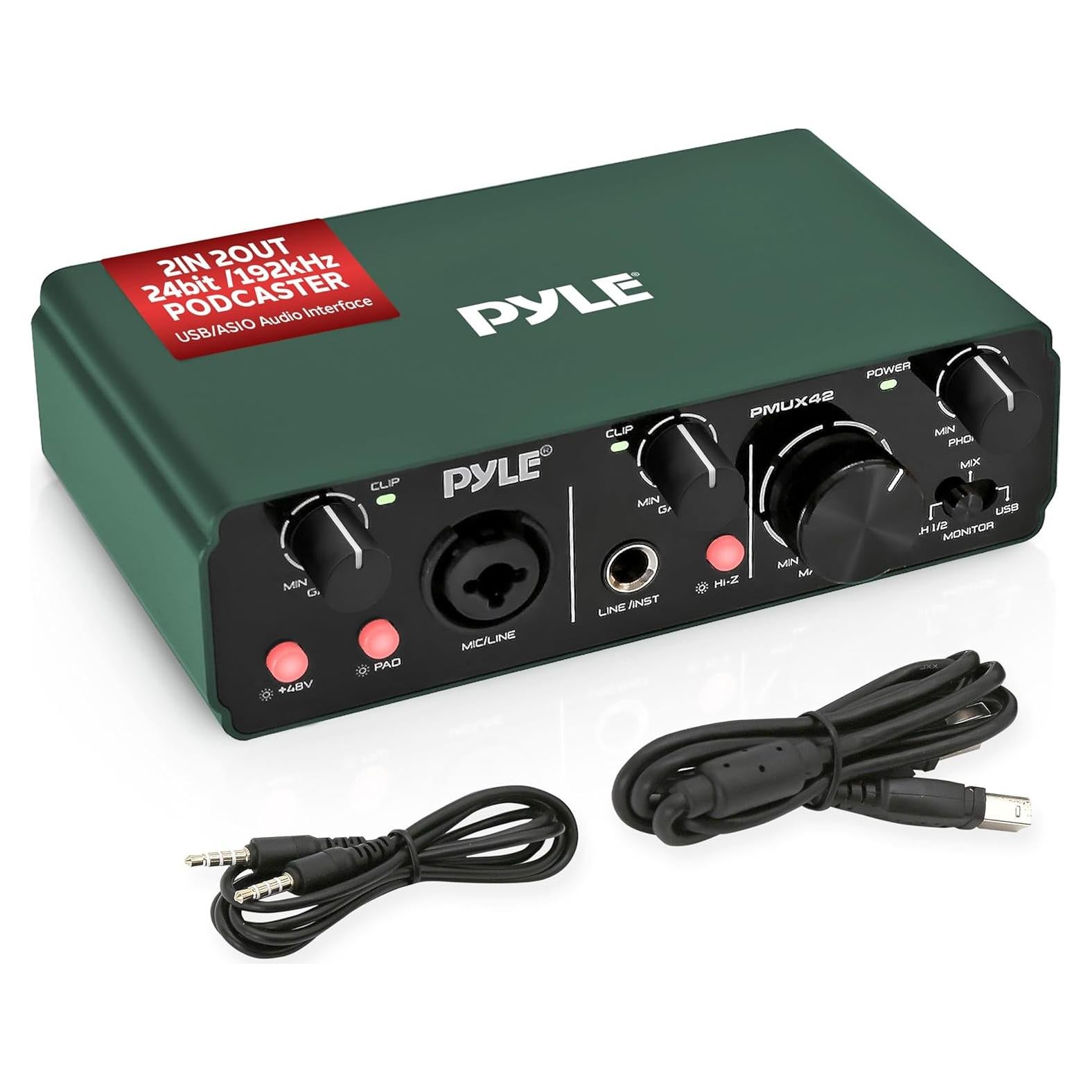 Interfaz de Audio USB Pyle PMUX42 - 2 Entradas 2 Salidas, 48V Phantom