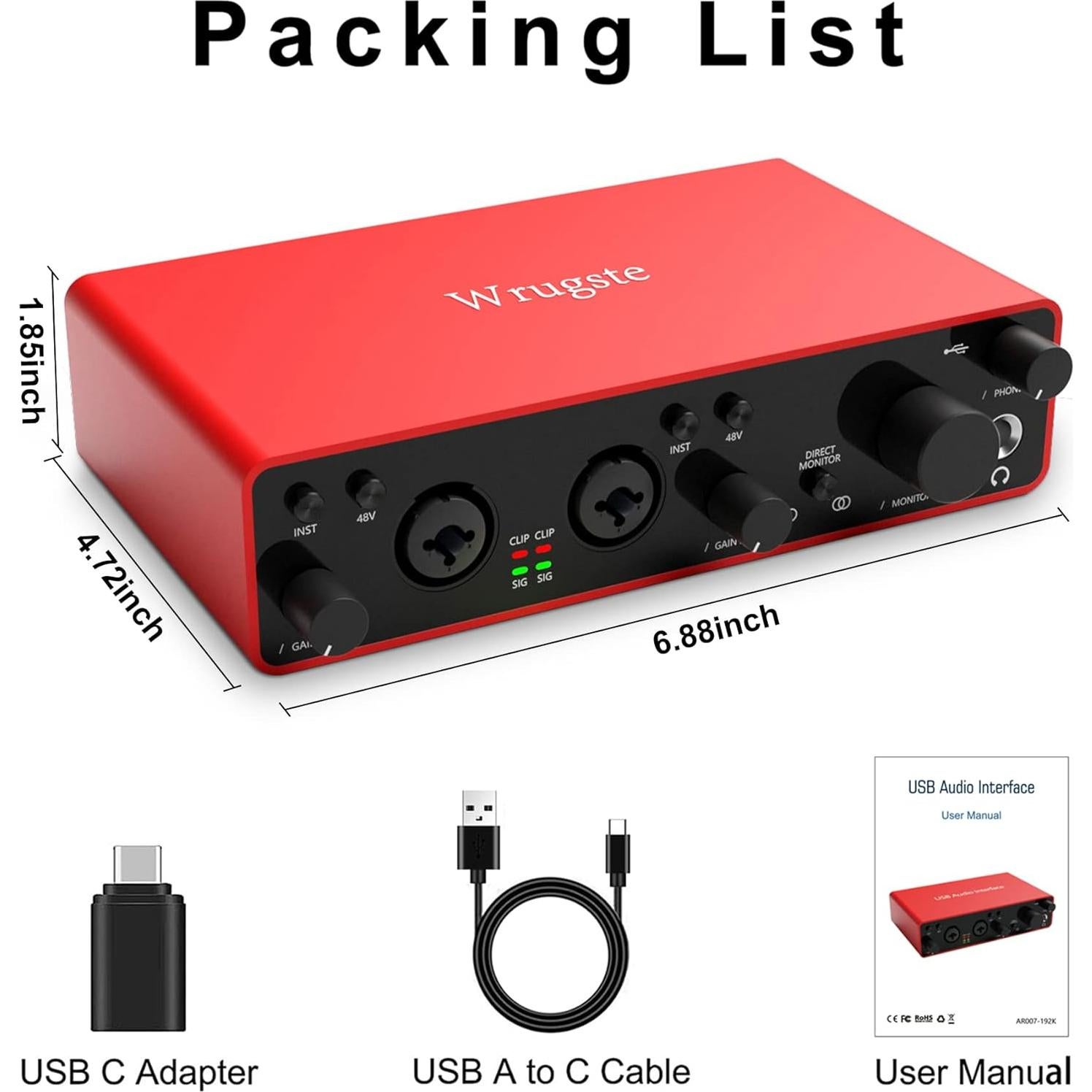 Interfaz de Audio USB Wrugste 24Bit/192kHz con Phantom 48V