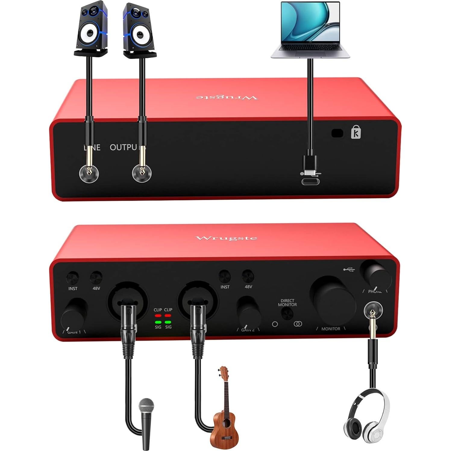 Interfaz de Audio USB Wrugste 24Bit/192kHz con Phantom 48V