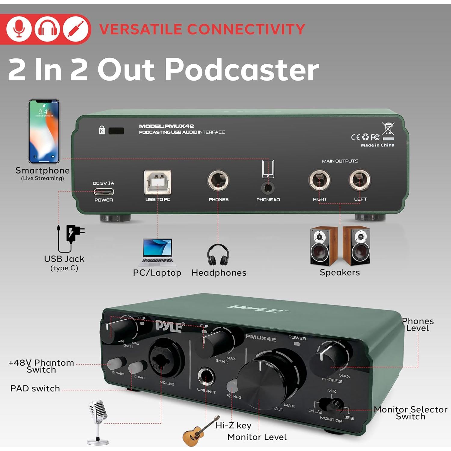 Interfaz de Audio USB Pyle PMUX42.5 2IN 2OUT 24bit/192kHz