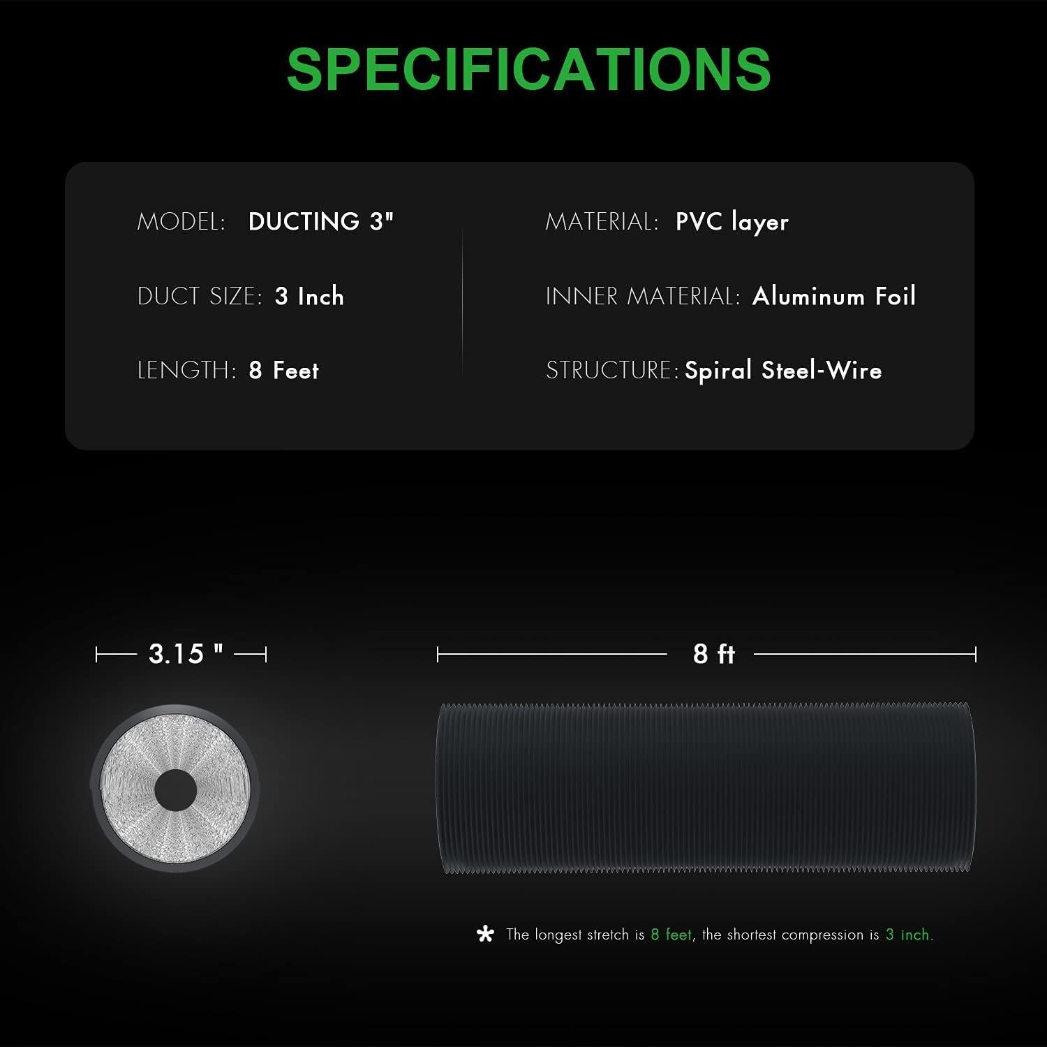 Conducto Flexible 3" iPower 2.44m Aluminio HVAC con Abrazaderas