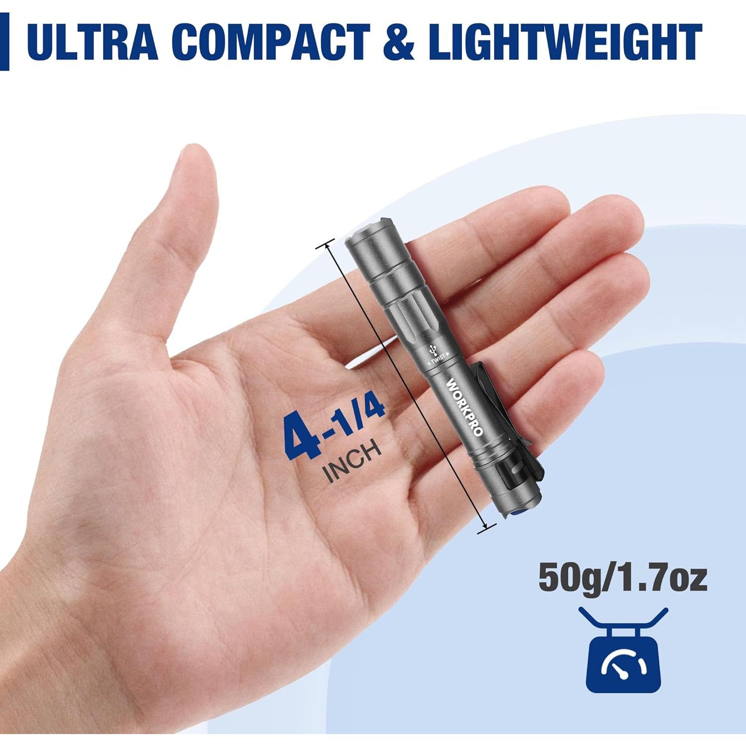 Linterna Mini WORKPRO, 300 Lúmenes, Recargable, Gris