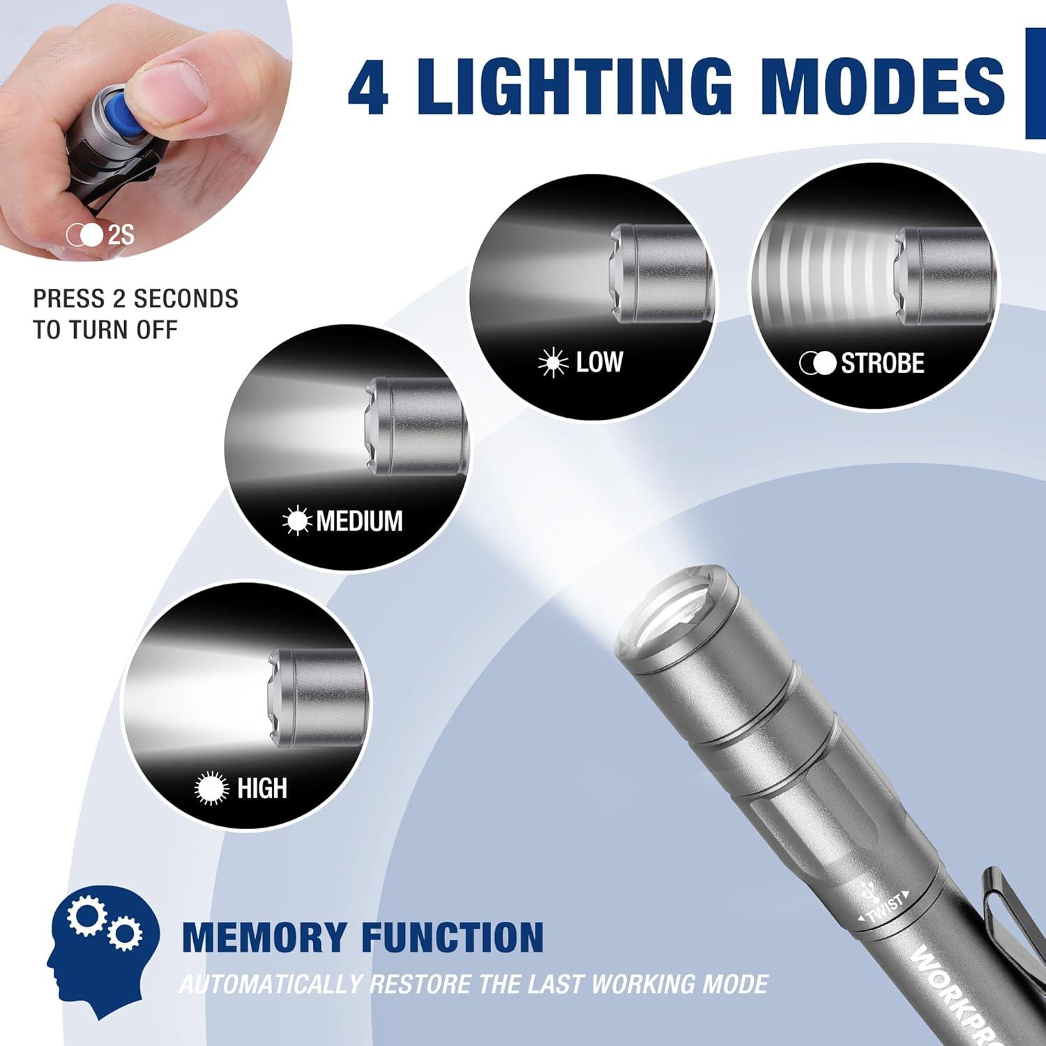 Linterna Mini WORKPRO, 300 Lúmenes, Recargable, Gris