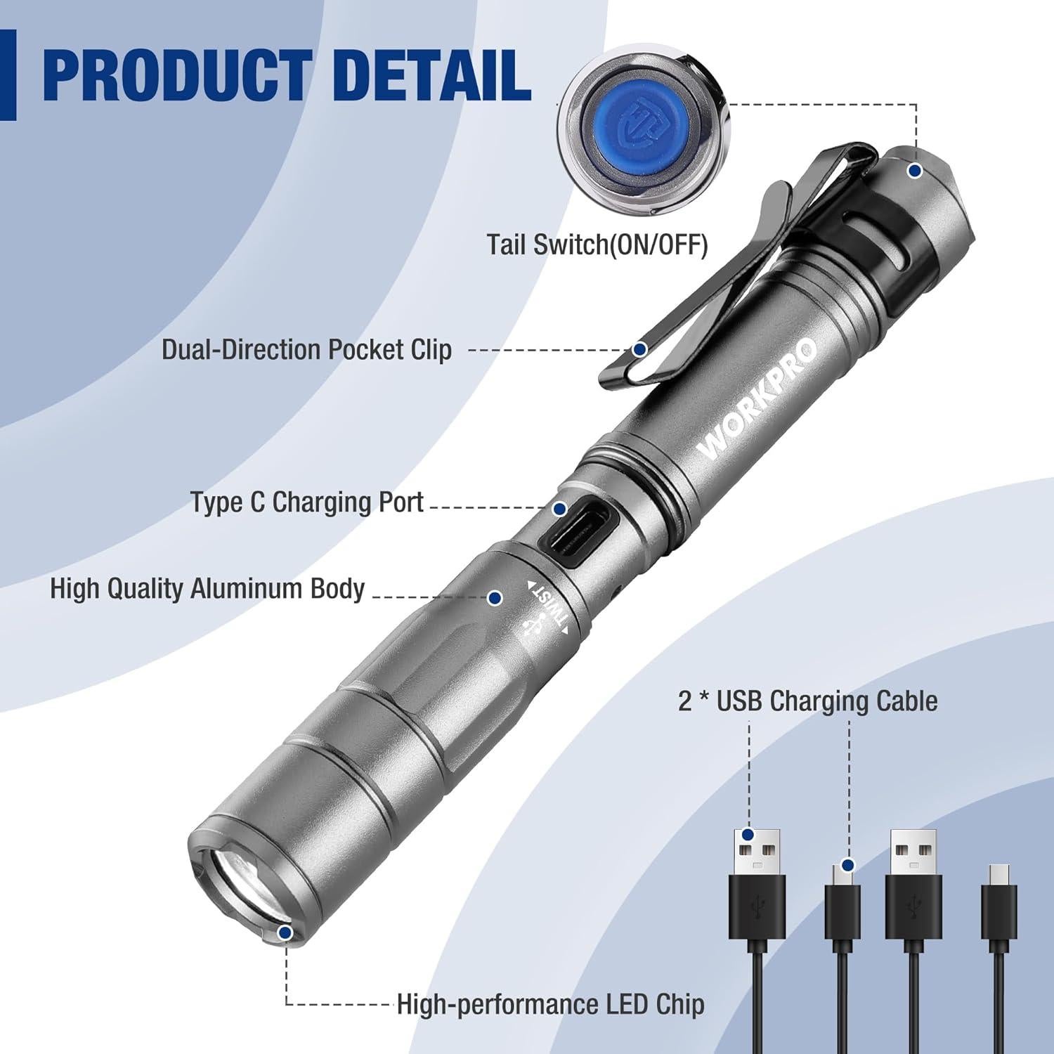Linterna Mini WORKPRO, 300 Lúmenes, Recargable, Gris