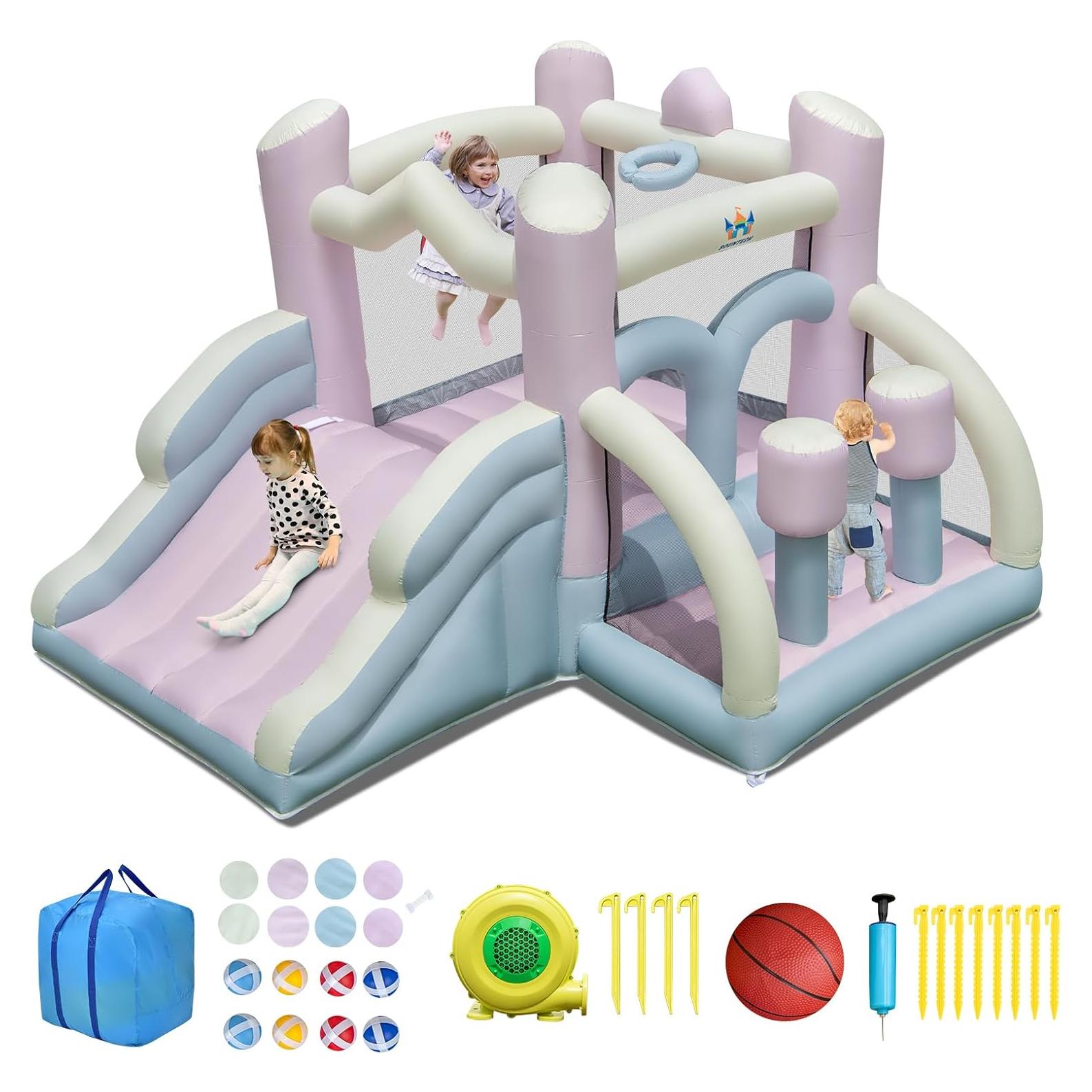 Casa Inflable BOUNTECH Rosa y Blanca con Tobogán y Ventilador