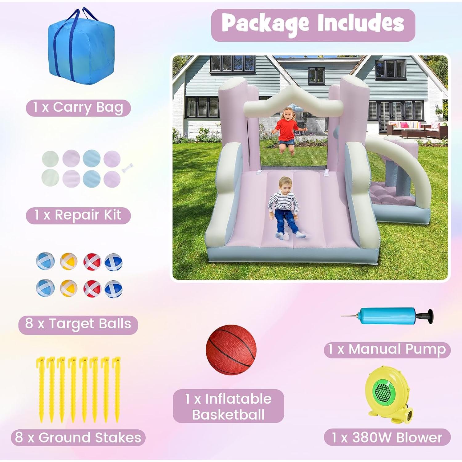 Casa Inflable BOUNTECH Rosa y Blanca con Tobogán y Ventilador