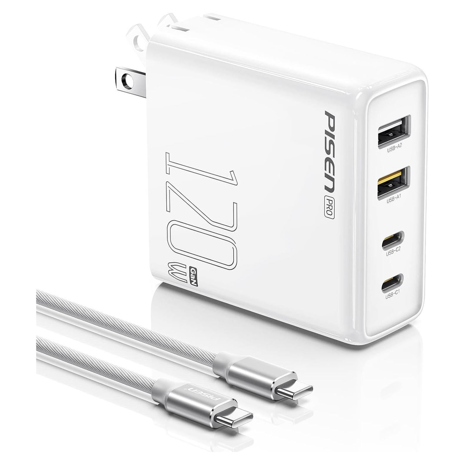 Cargador USB C PISEN 120W con 4 puertos y cable 1.83m