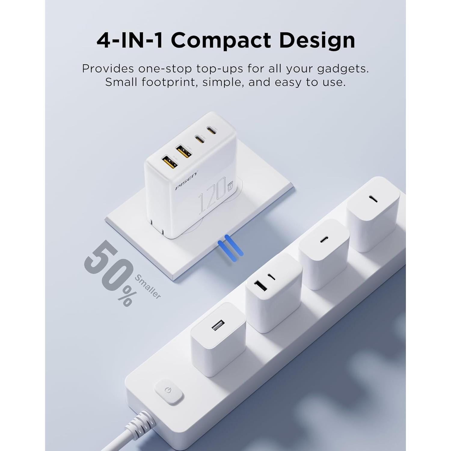 Cargador USB C PISEN 120W con 4 puertos y cable 1.83m