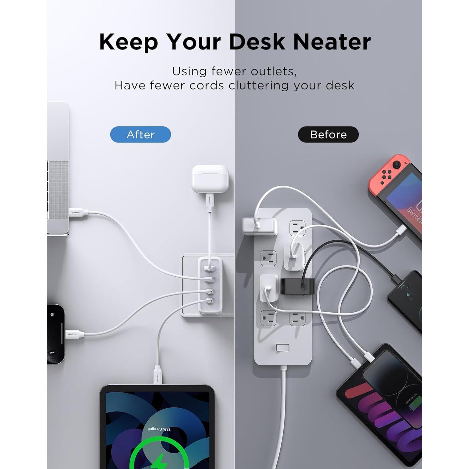 Cargador USB C PISEN 120W con 4 puertos y cable 1.83m