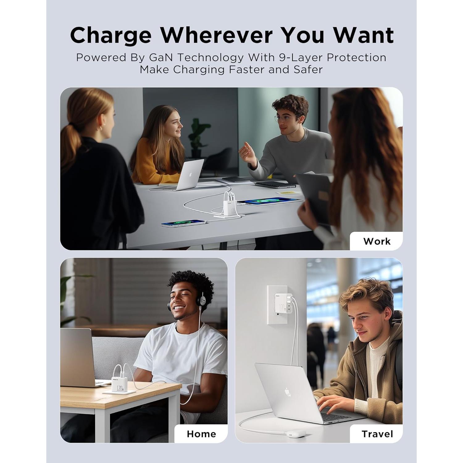 Cargador USB C PISEN 120W con 4 puertos y cable 1.83m