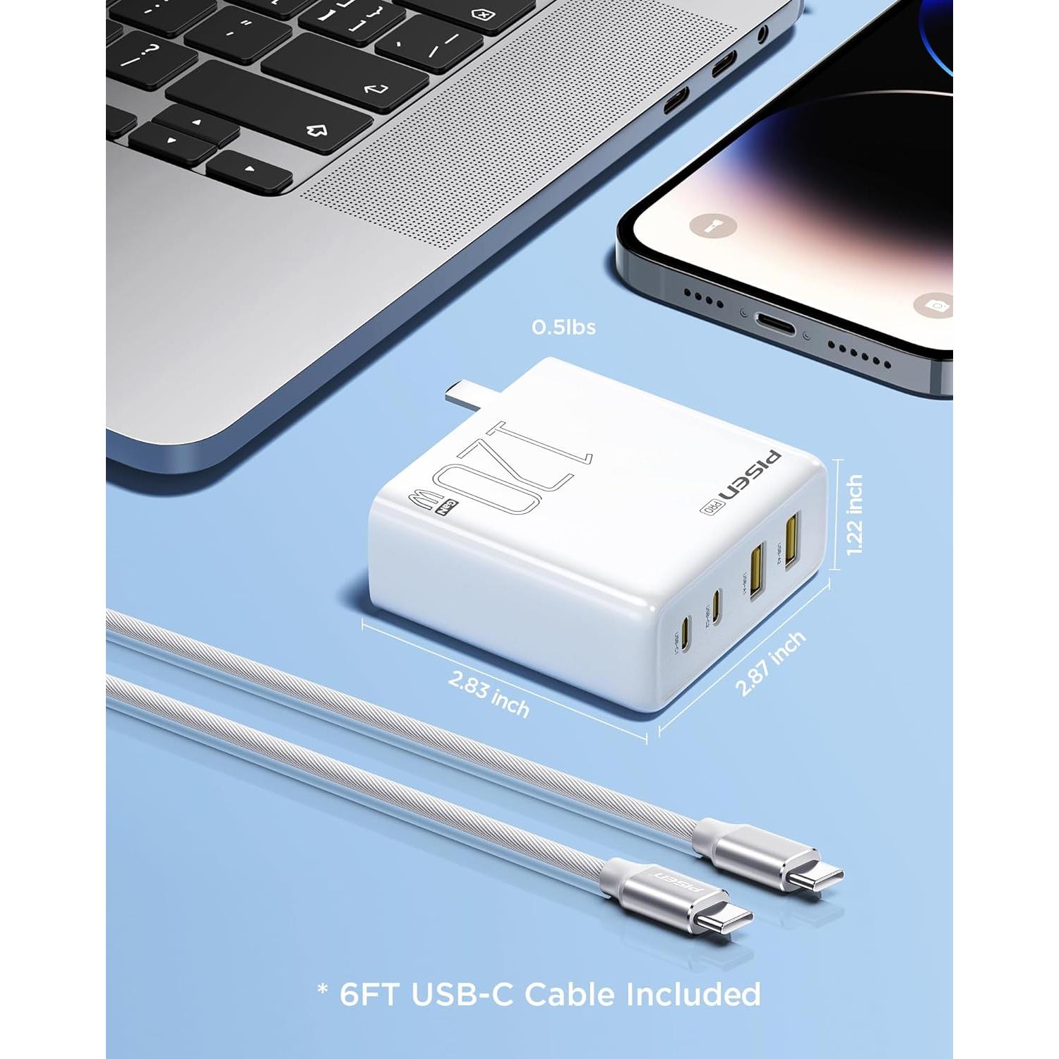 Cargador USB C PISEN 120W con 4 puertos y cable 1.83m