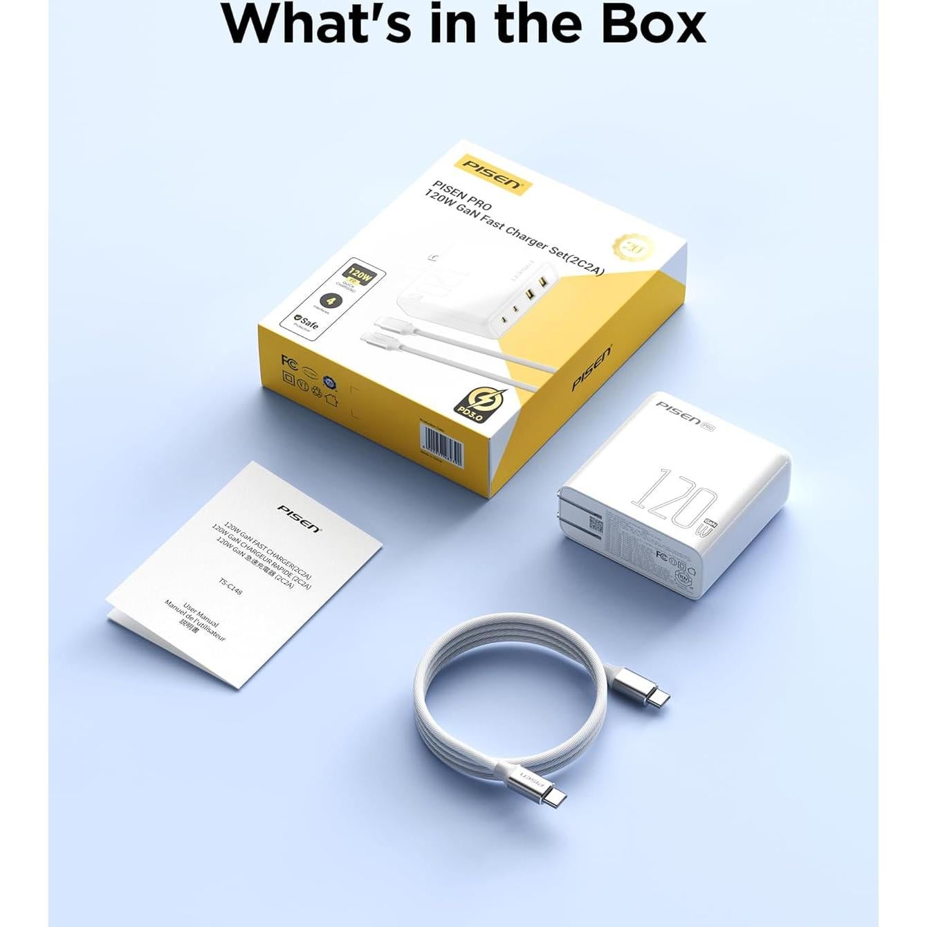 Cargador USB C PISEN 120W con 4 puertos y cable 1.83m