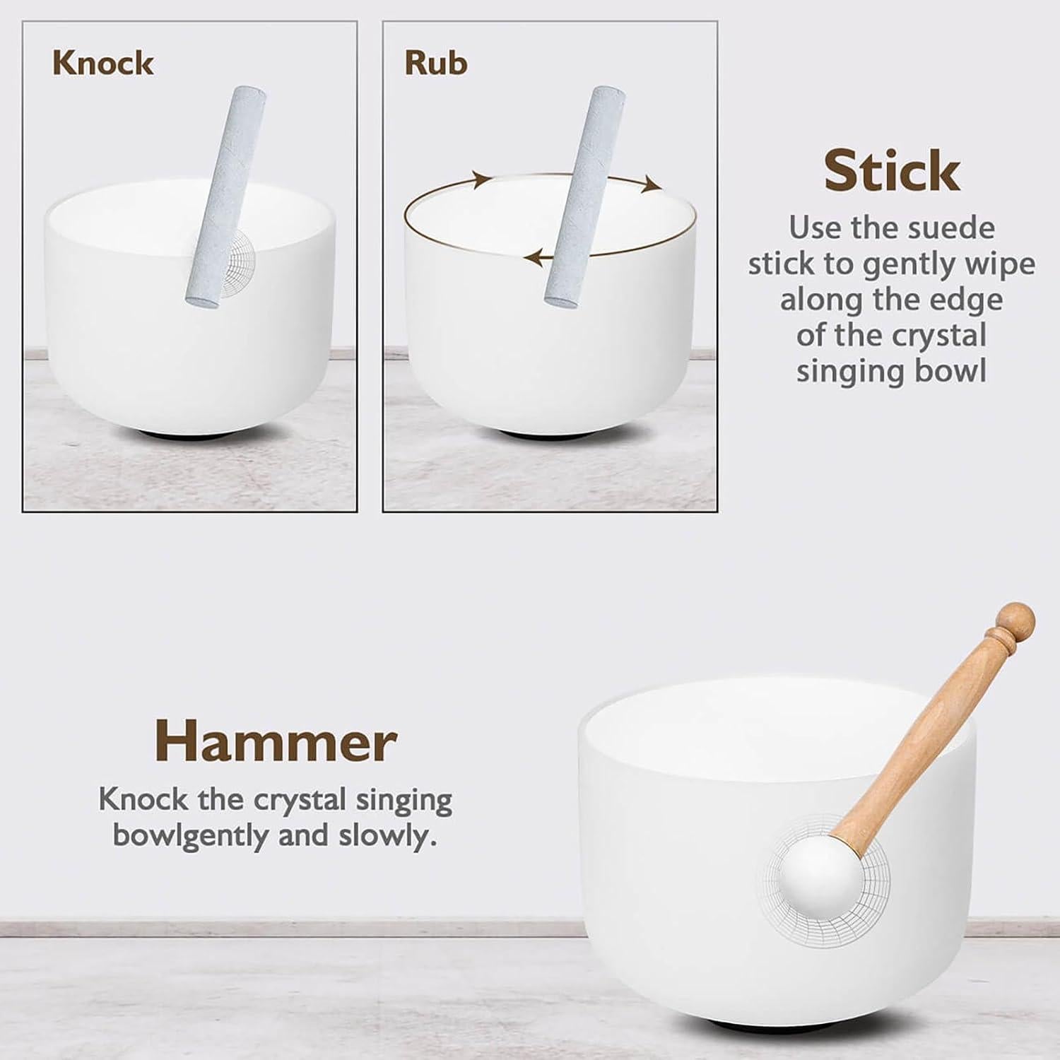 Tazón de Cuarzo Cantante CALM CLANG 17.78 cm Nota B Blanco con Martillo