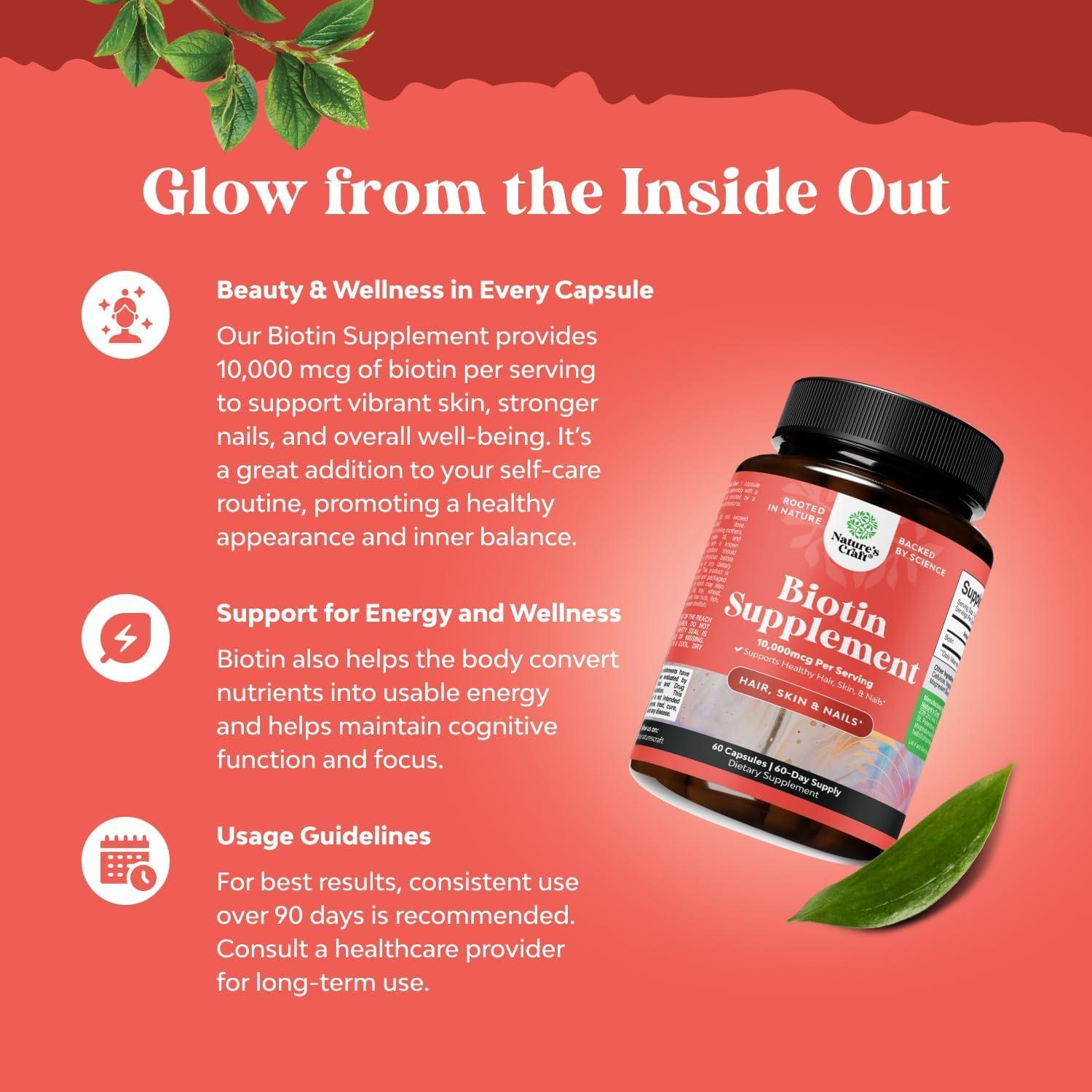 Suplemento de Biotina Pura 10000 mcg Nature's Craft - Crecimiento Cabello y Uñas