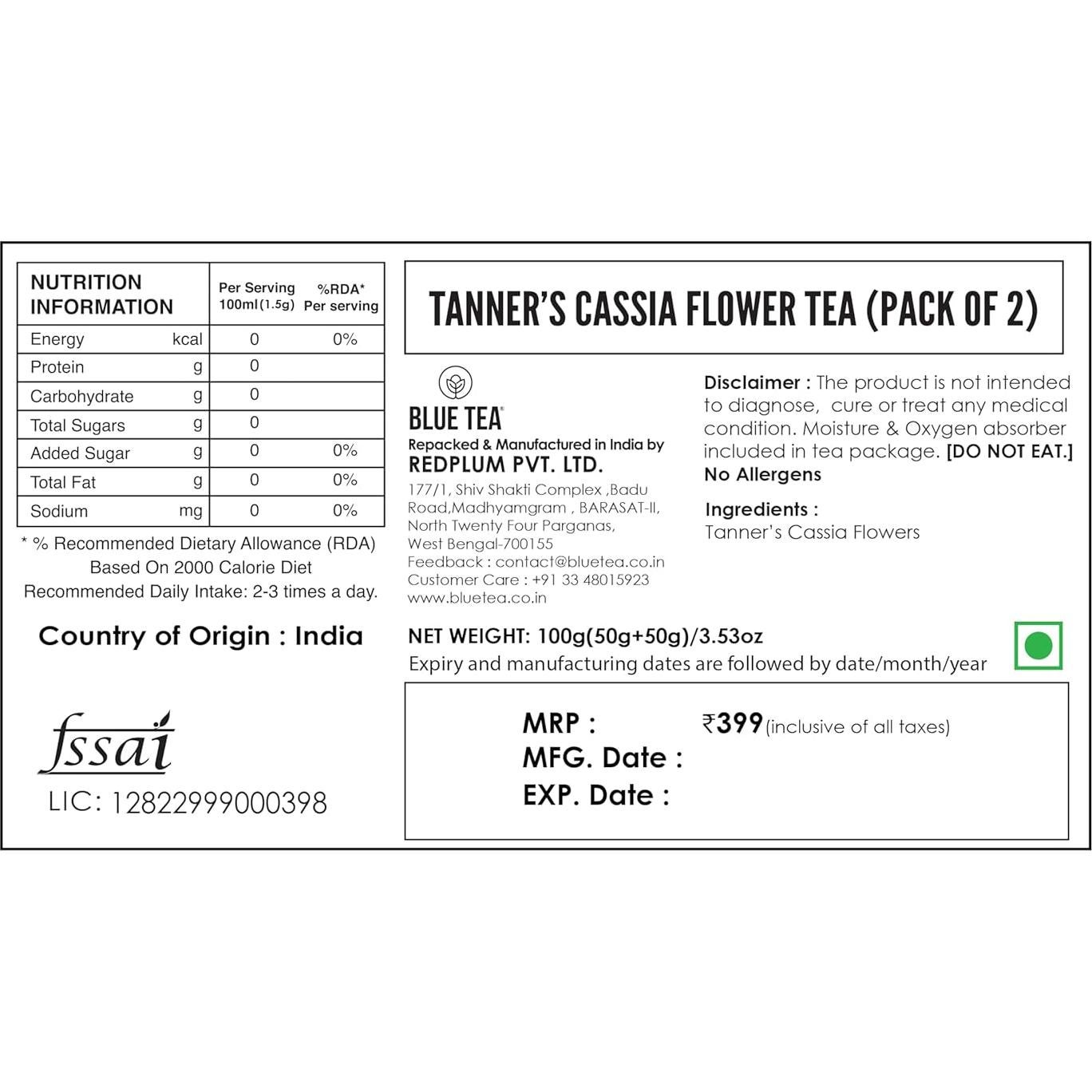 Té Herbal de Cassia de Tanner Blue Tea - 100g - Sin Cafeína
