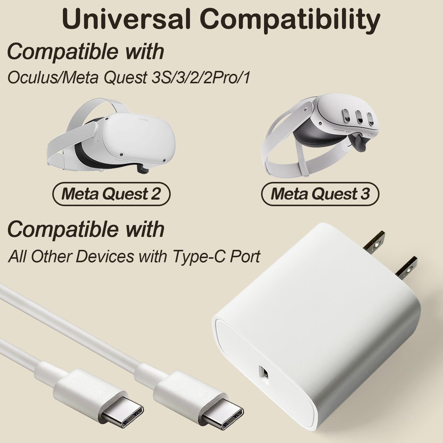 Cargador Rápido 20W USB-C EGK para Oculus Meta Quest 1/2/3 y Pico 4